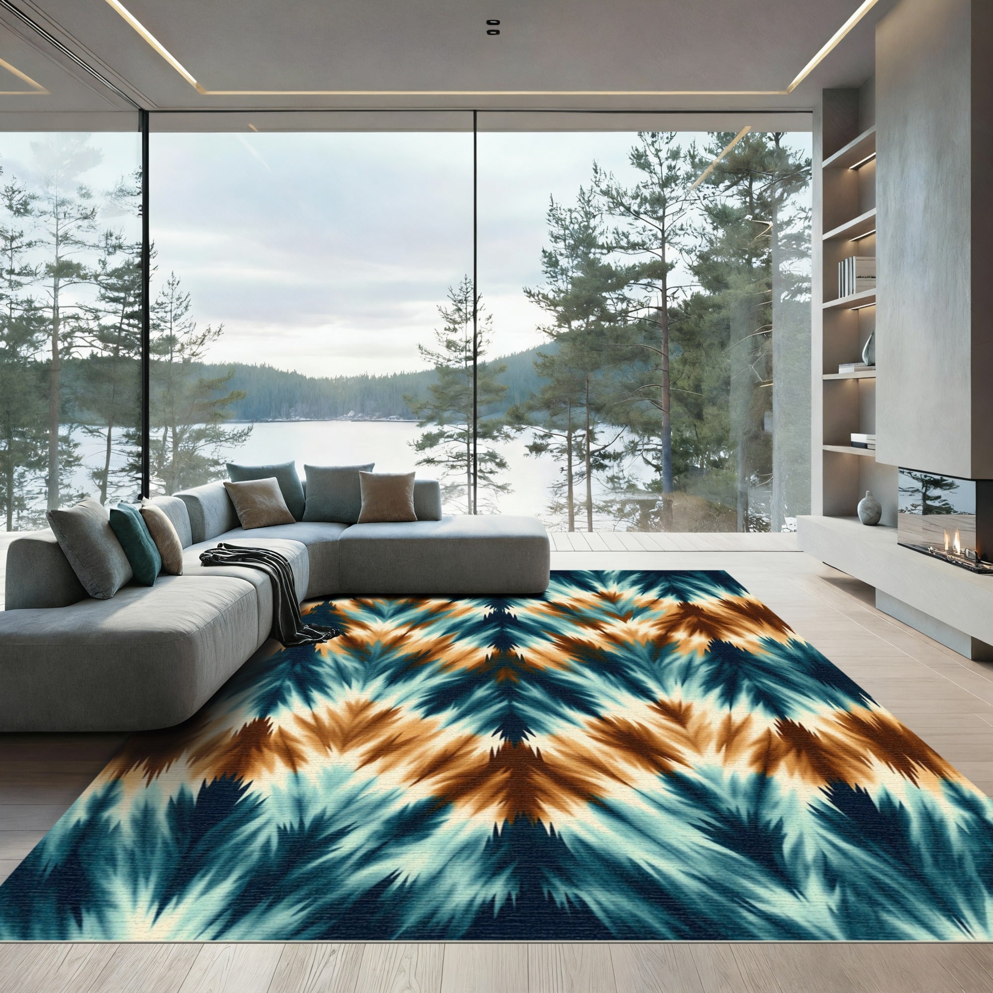 Abstract Teal and Amber Chevron Zigzag Rug