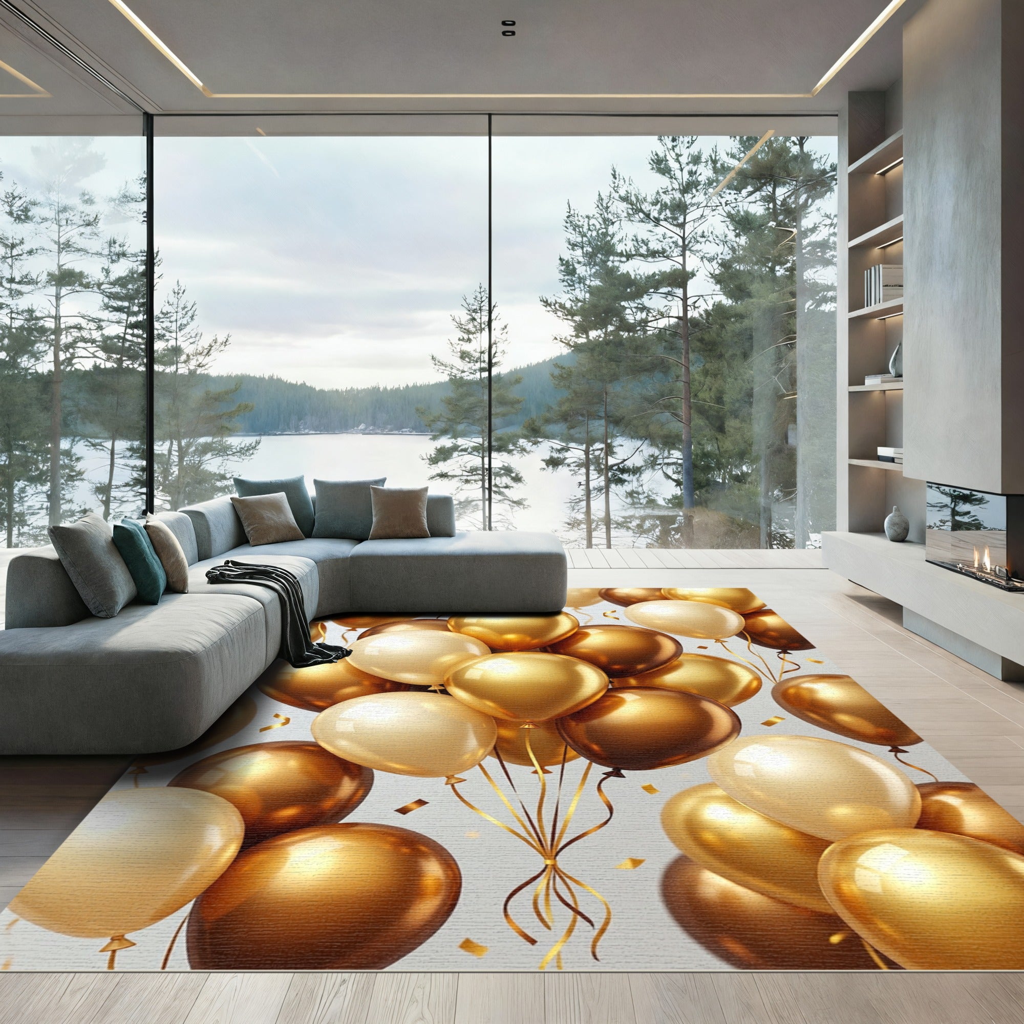 Floating Golden Metallic Festive Balloons Rug