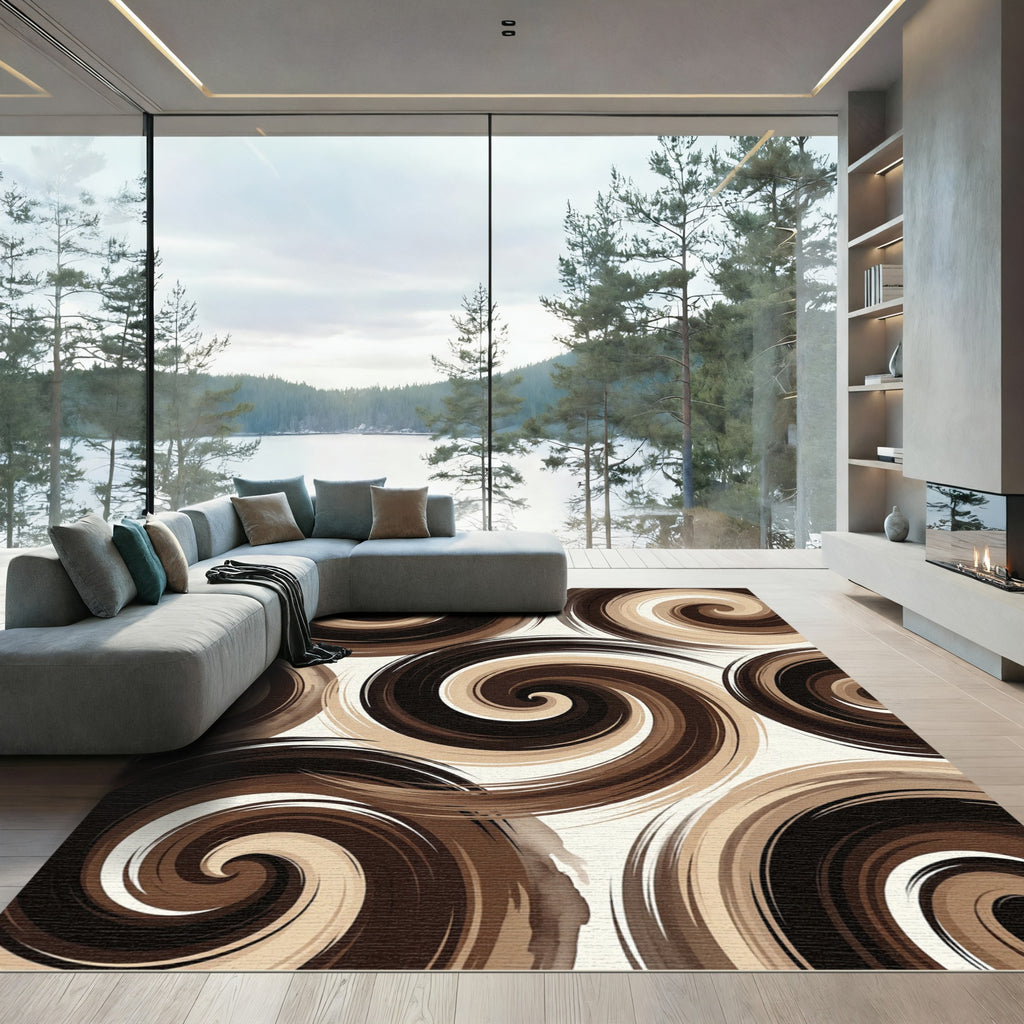 Rich Brown Swirls Abstract Rug