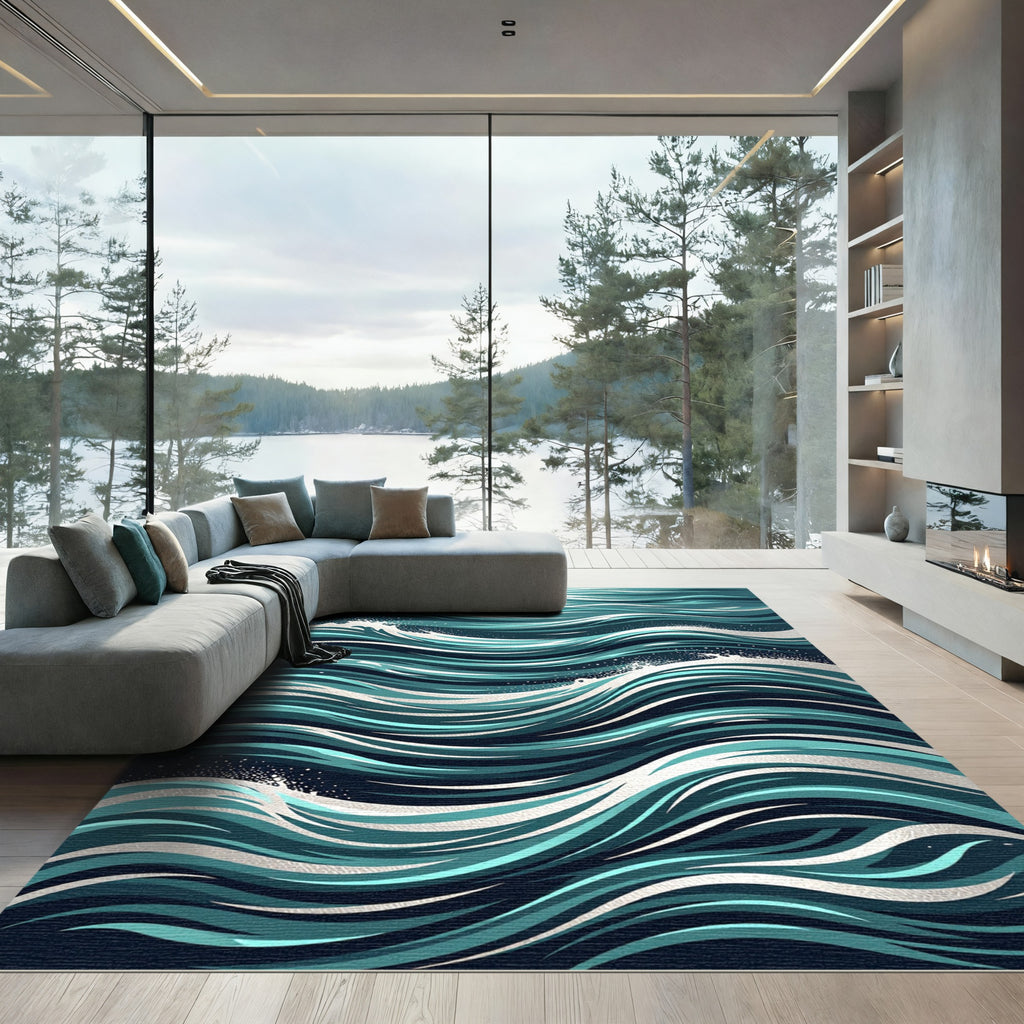 Dynamic Teal and Navy Ocean Wave Rug