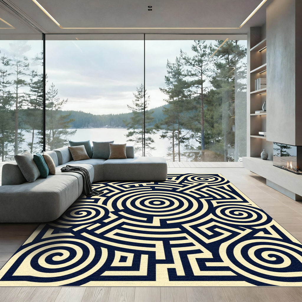 Midnight Blue Contemporary Geometric Labyrinth Rug