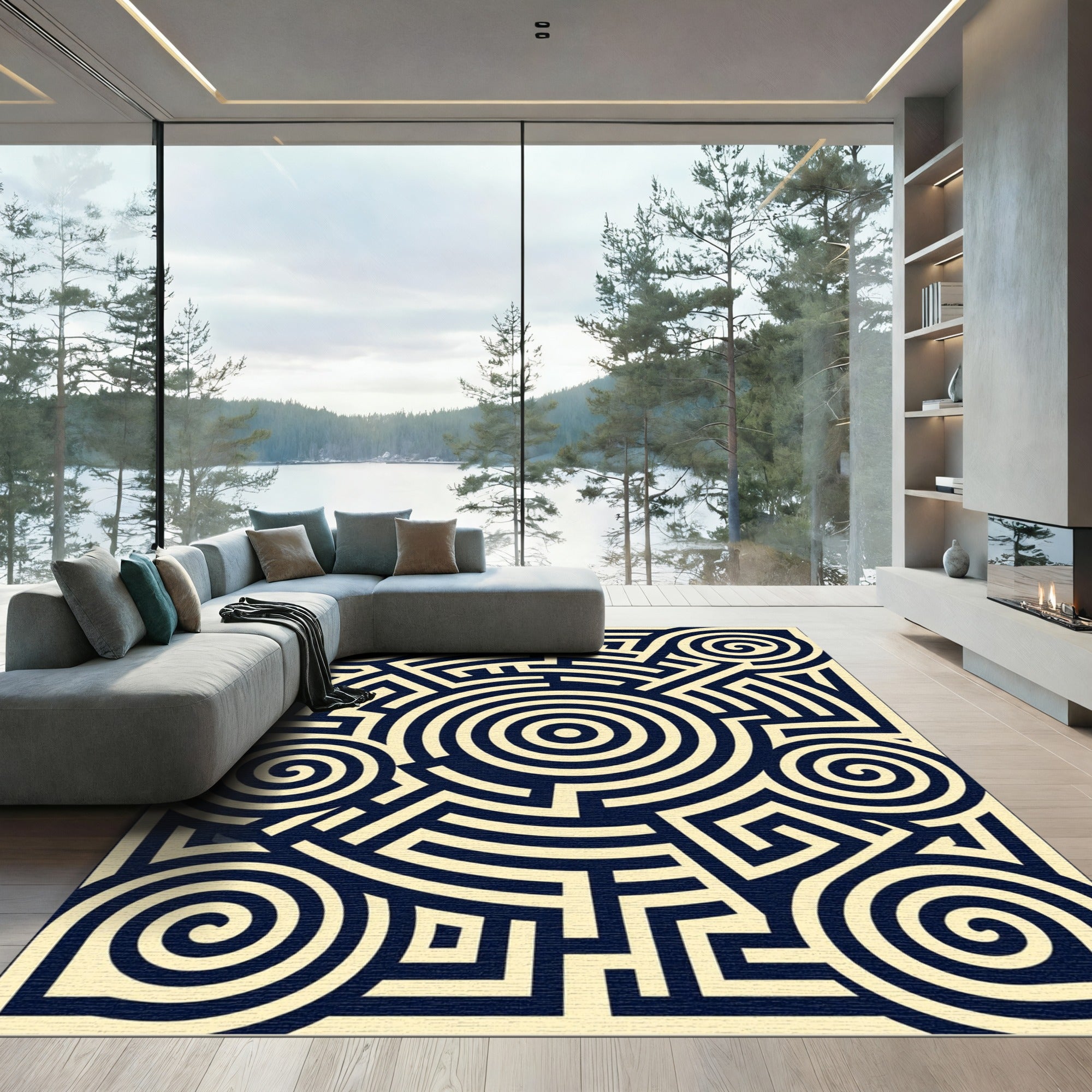 Midnight Blue Contemporary Geometric Labyrinth Rug