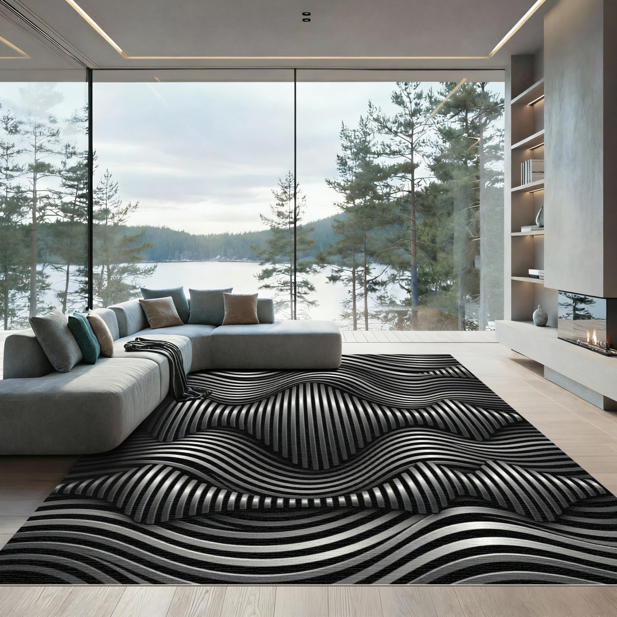 Abstract Silver Wave Line Rug