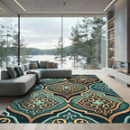Ornate Teal Gold Arabesque Tile Rug
