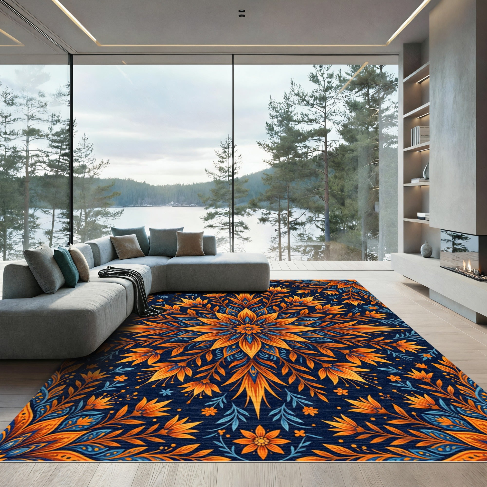 Vibrant Orange Blue Floral Mandala Rug