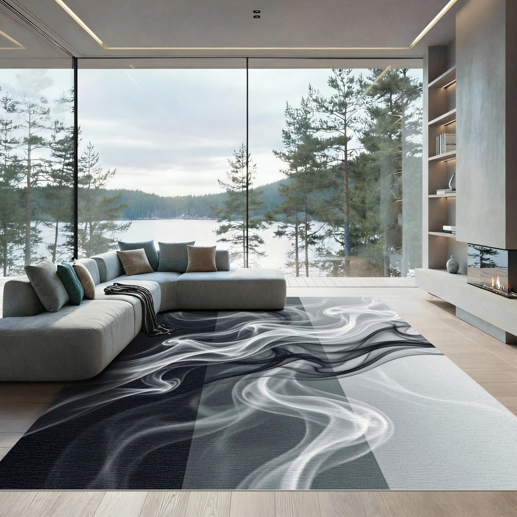 Monochrome Abstract Smoke Wave Rug