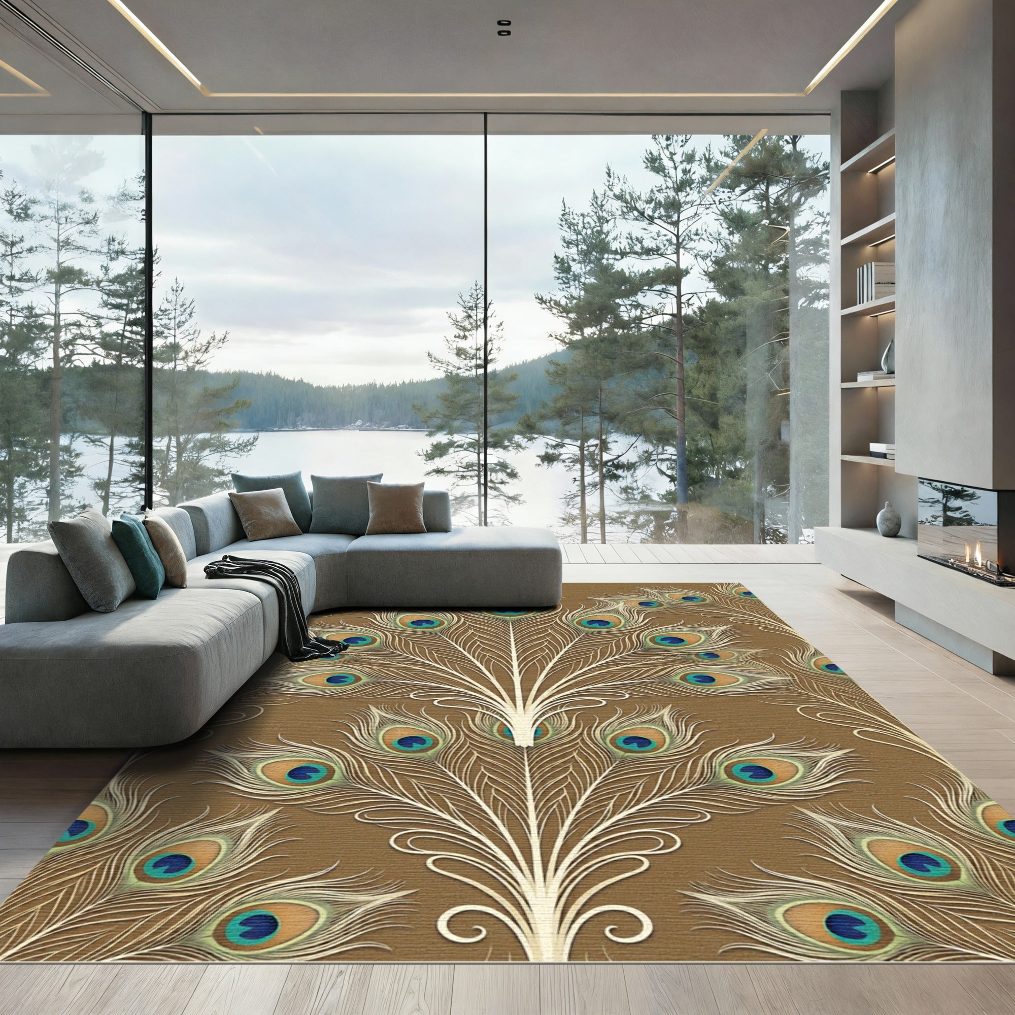 Elegant Brown Peacock Feather Arrangement Rug