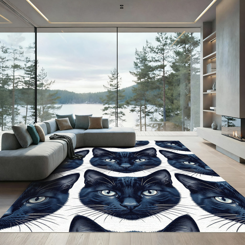 Midnight Black Cat Face Seamless Illustration Rug