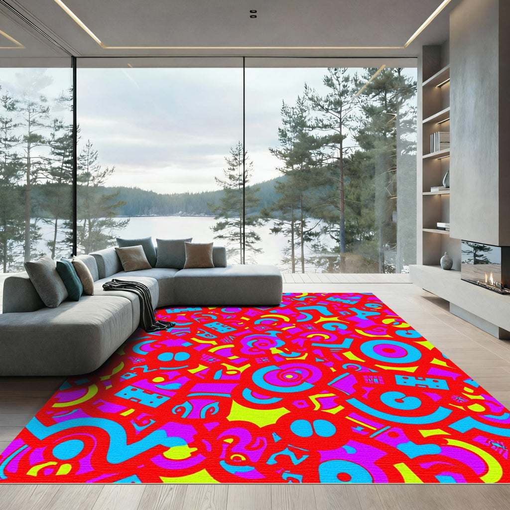 Vibrant Red Blue Abstract Composition Rug