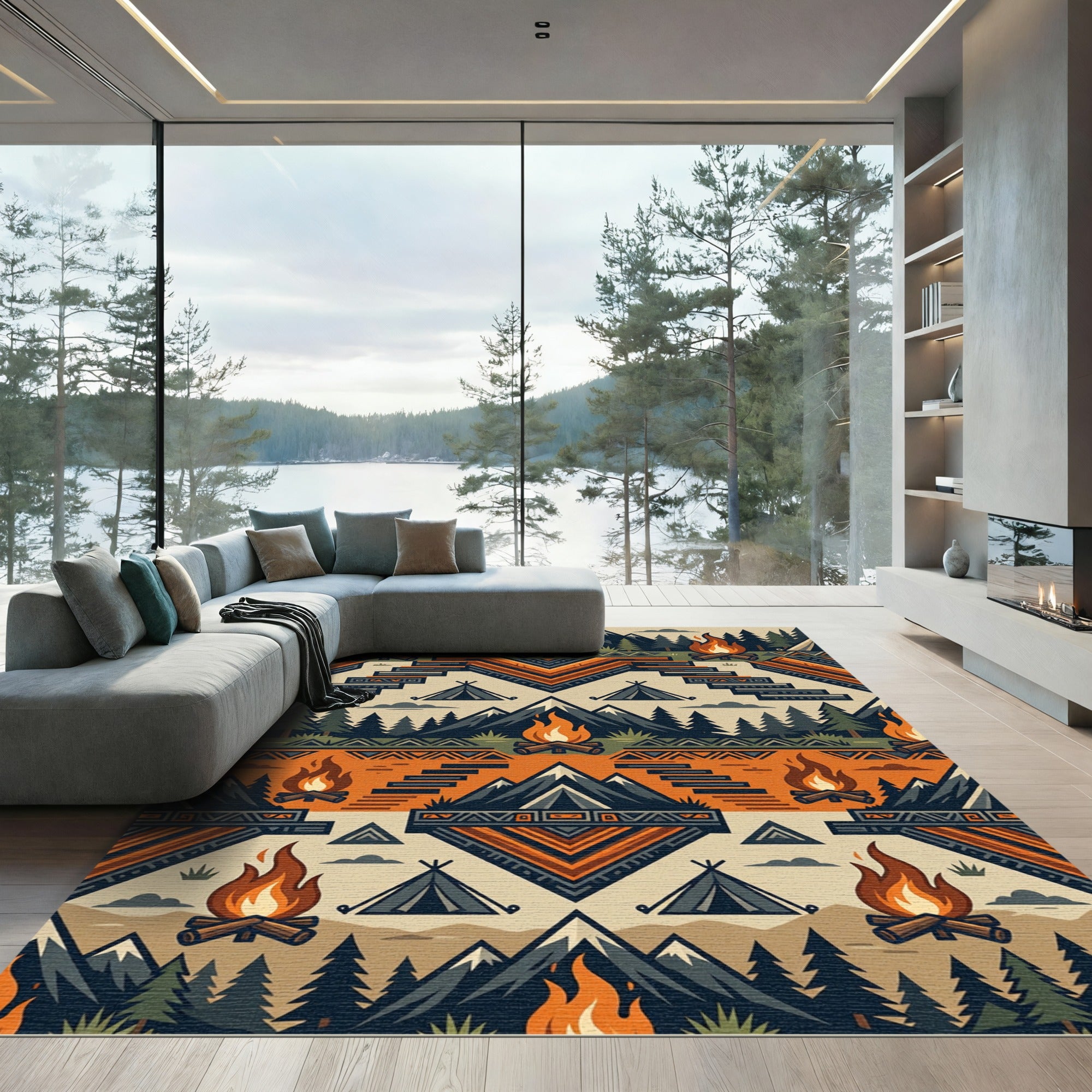 Geometric Mountain Campfire Earth Tone Textile Rug