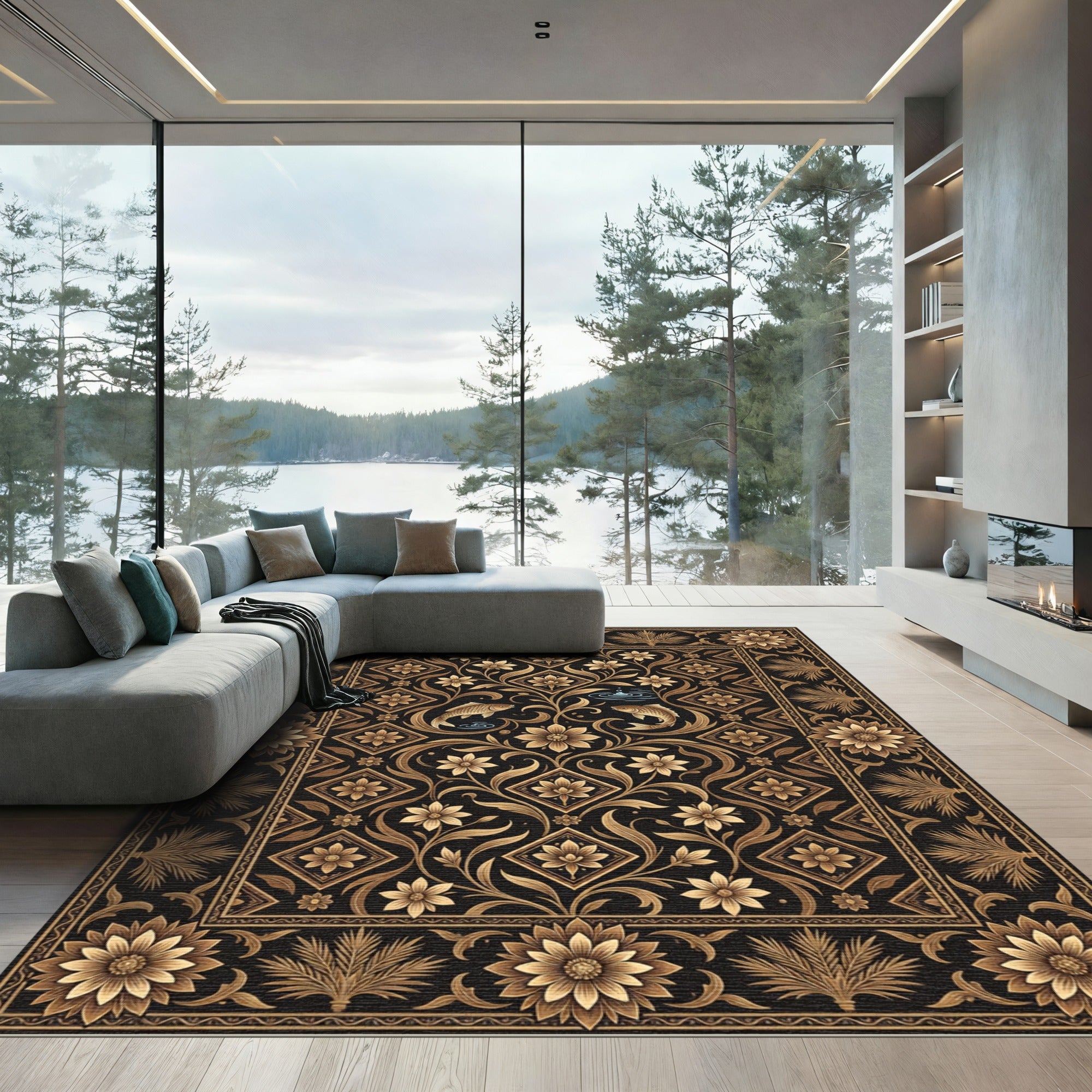 Golden Floral Fish Black Rug
