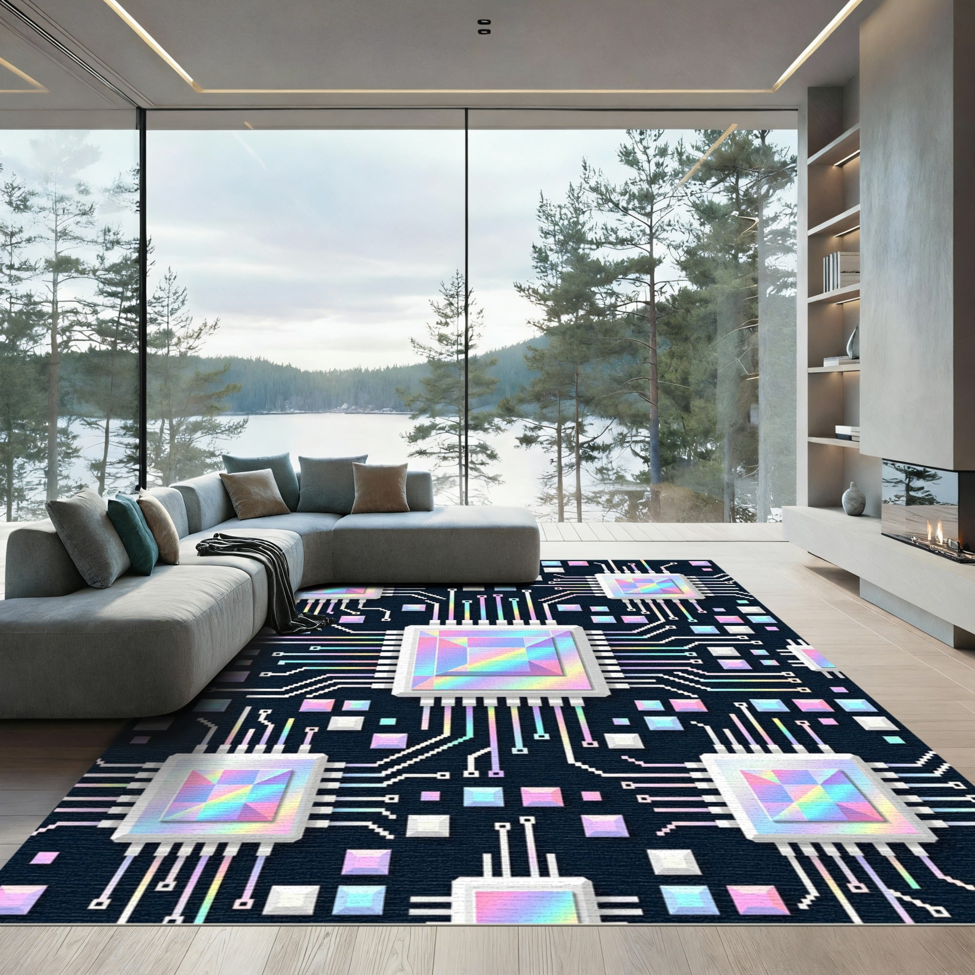 Holographic Circuit Board Geometric Tech Art Rug
