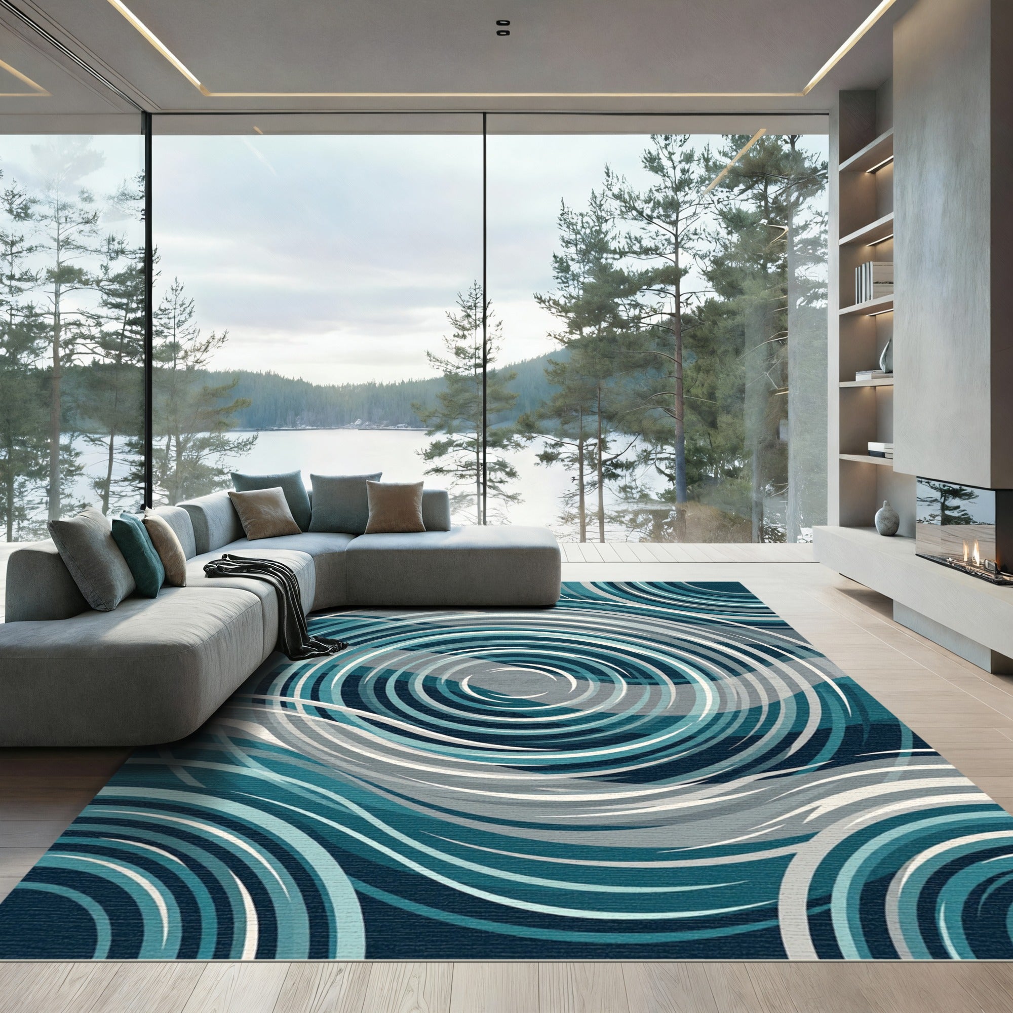 Abstract Teal Concentric Waves Ripple Rug