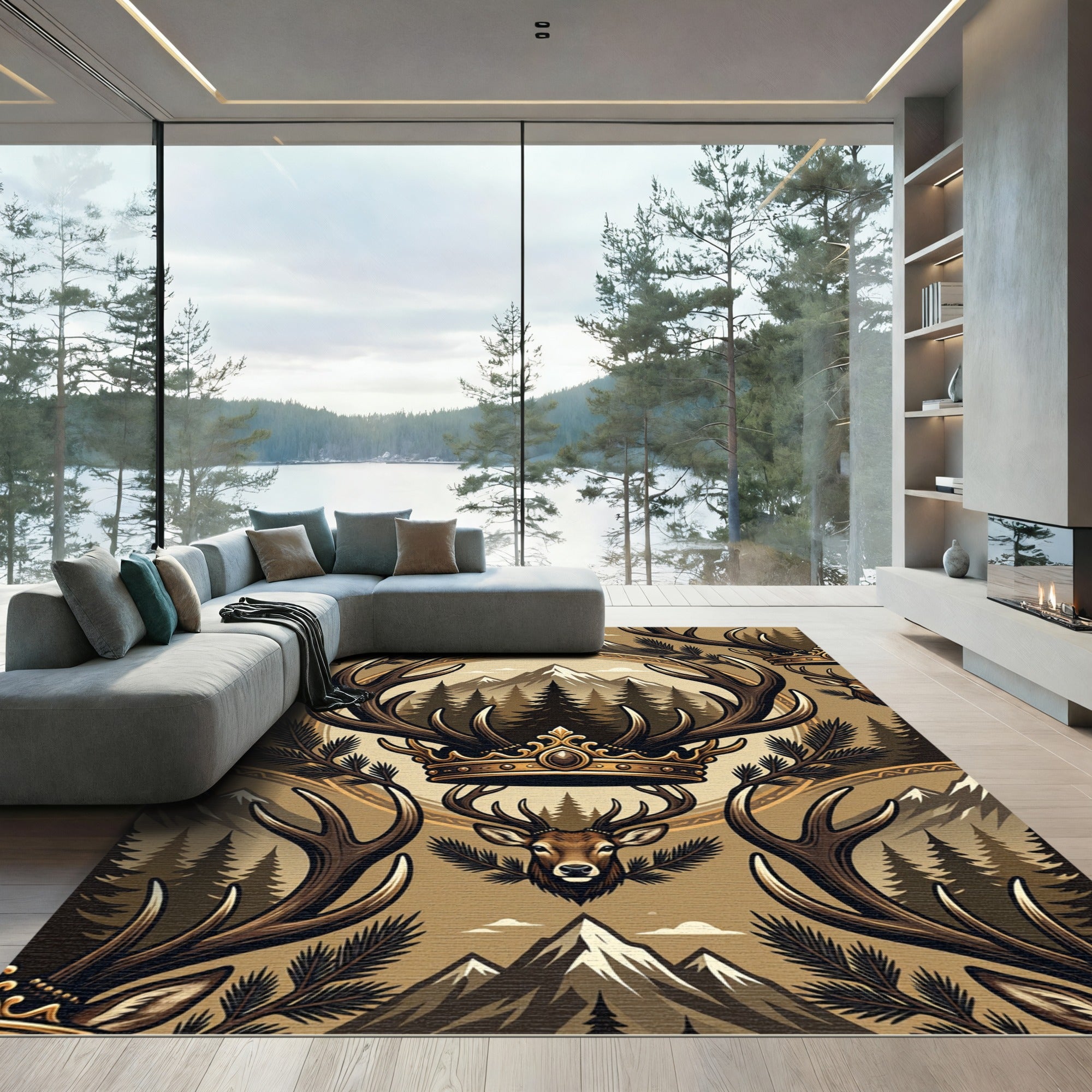 Majestic Golden Stag Antler Mountain Forest Rug