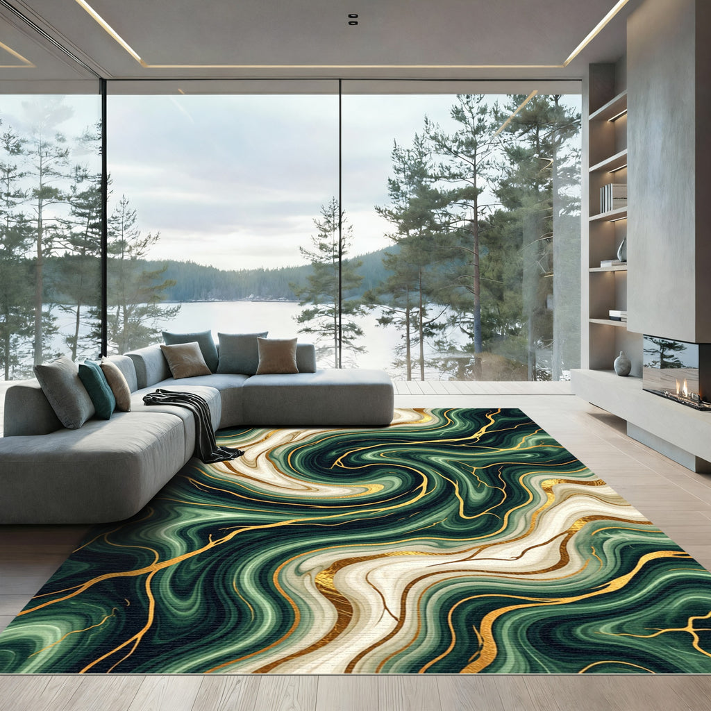 Emerald and Gold Liquid Marble Swirl Rug