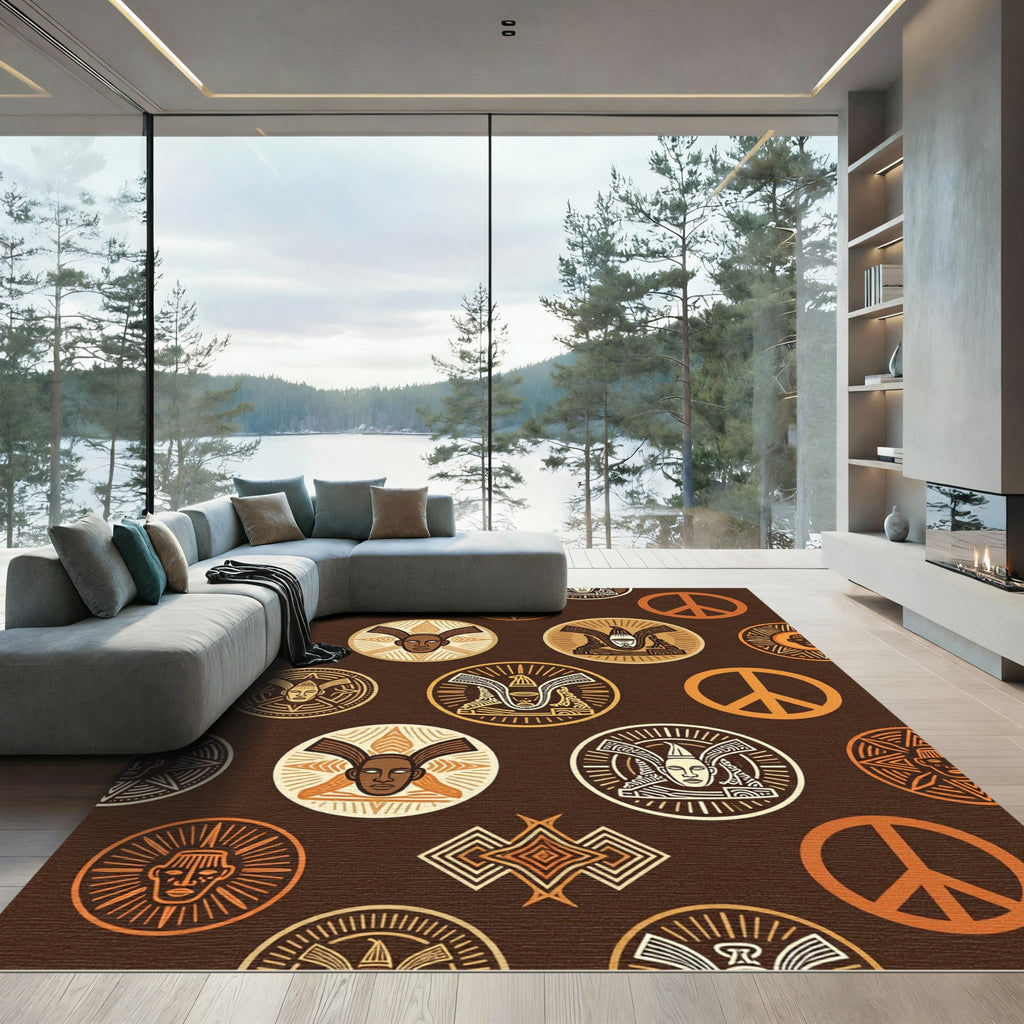Earthy Brown Ancestral Mask Peace Sign Rug