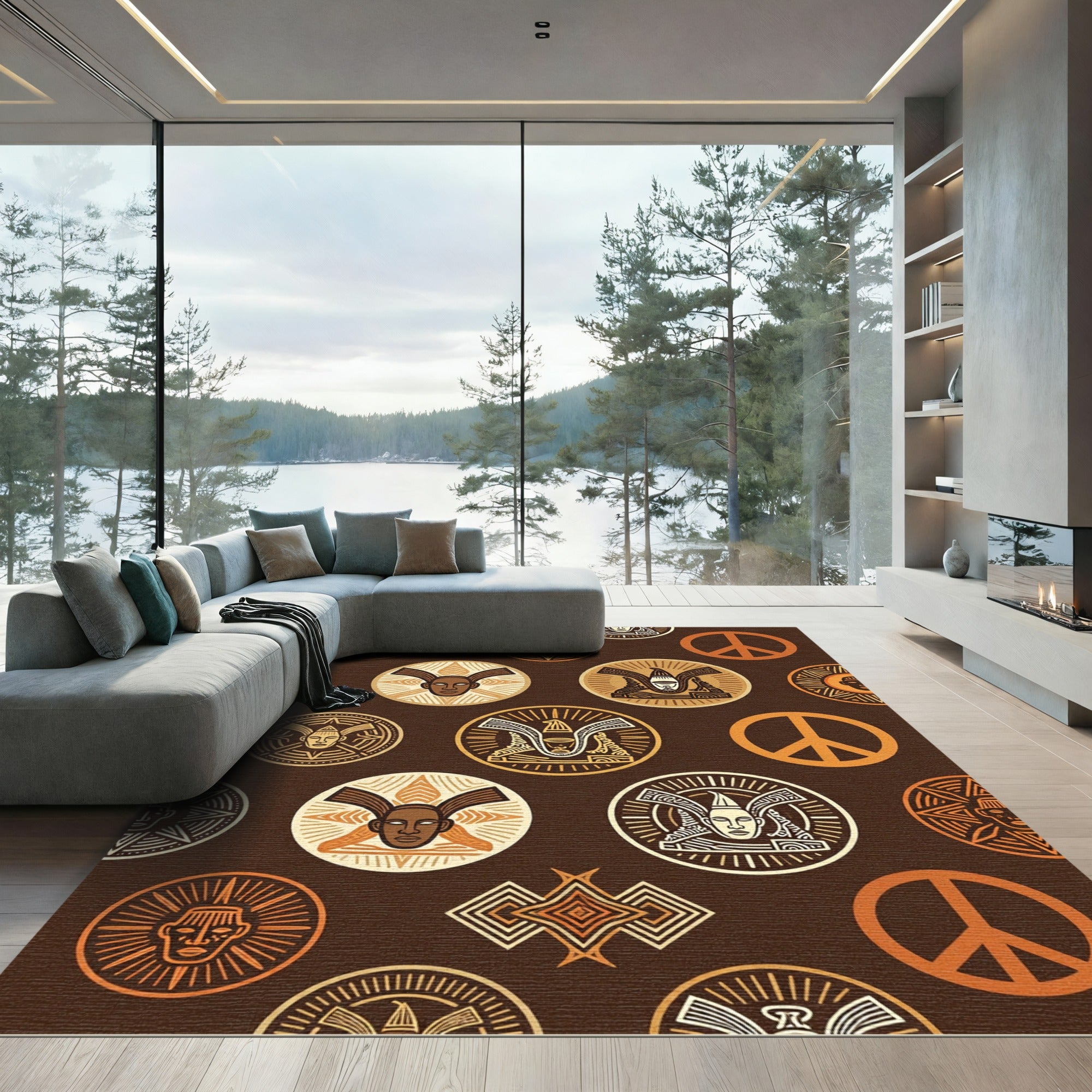 Earthy Brown Ancestral Mask Peace Sign Rug