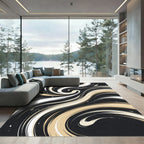 Creamy White Swirling Lines on Black Rug