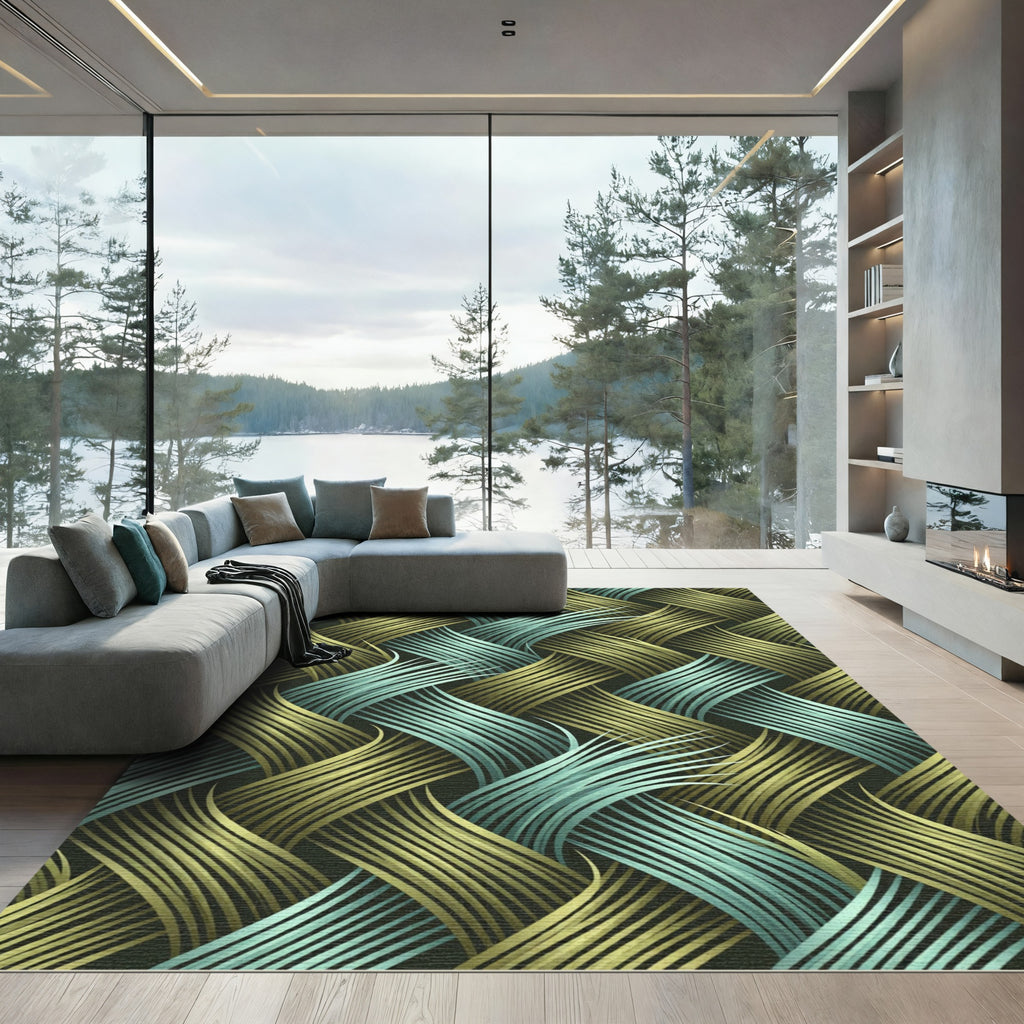 Woven Teal Gold Intersecting Curves Rug