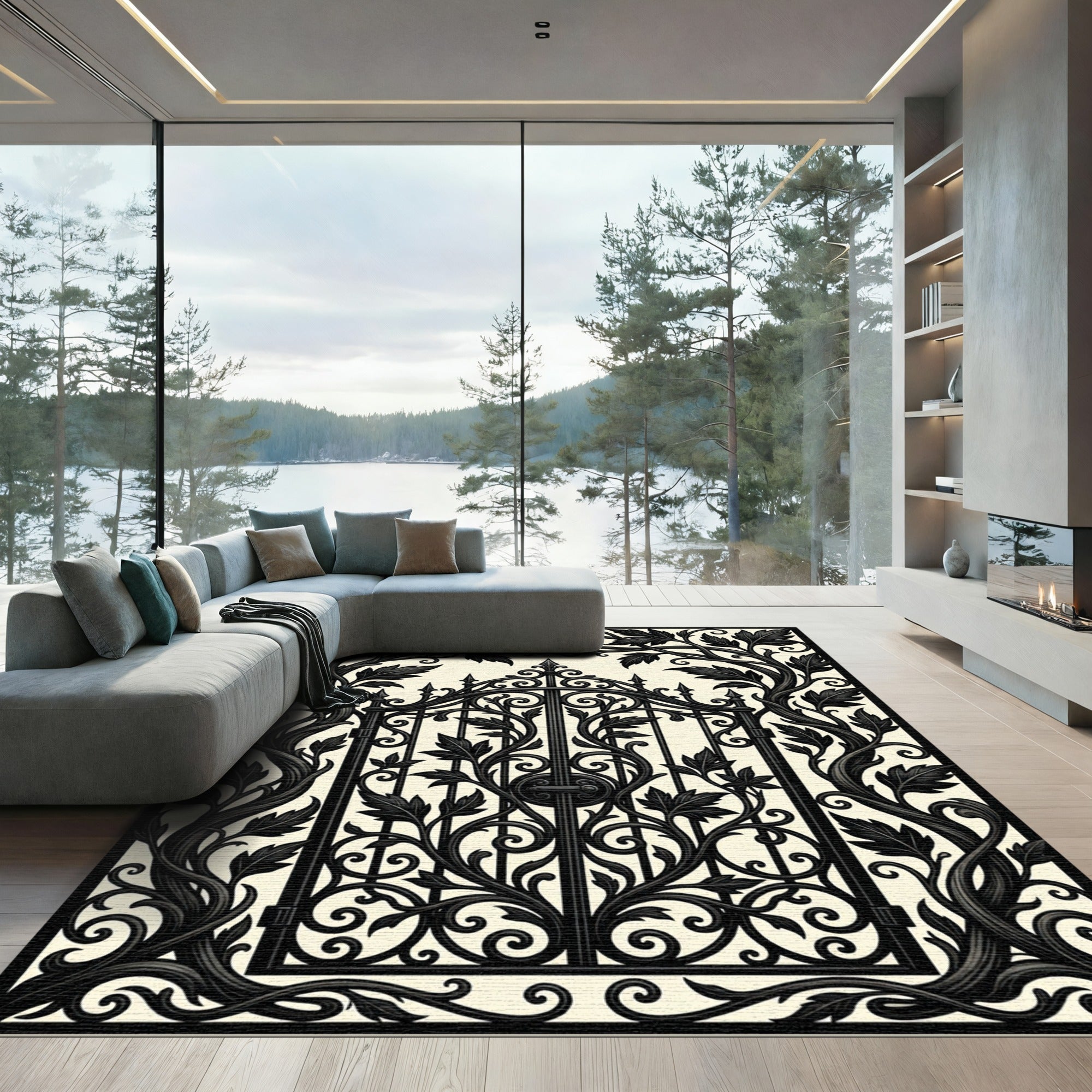 Gothic Black Iron Scroll Floral Arch Rug