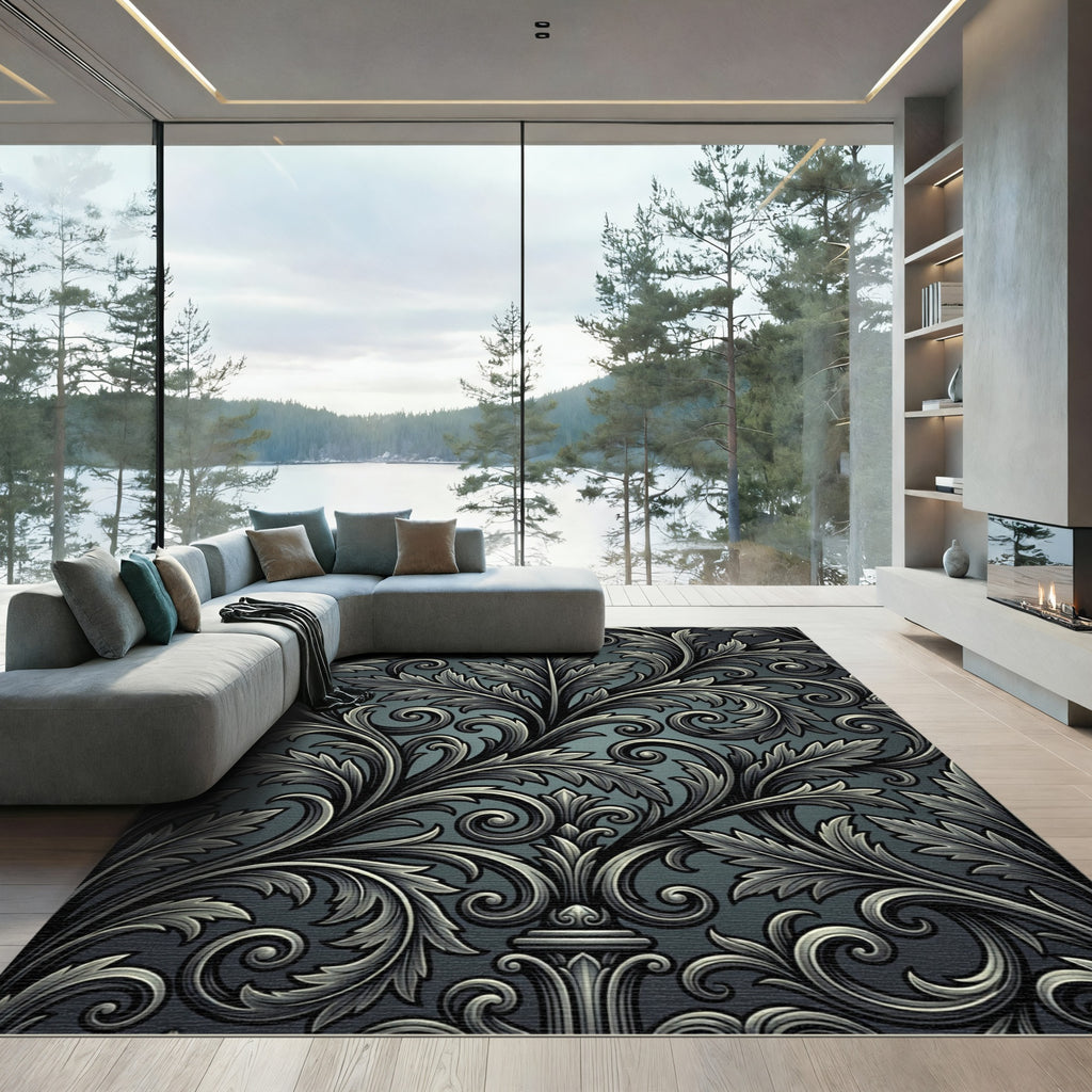 Ornate Dark Teal Acanthus Swirl Rug