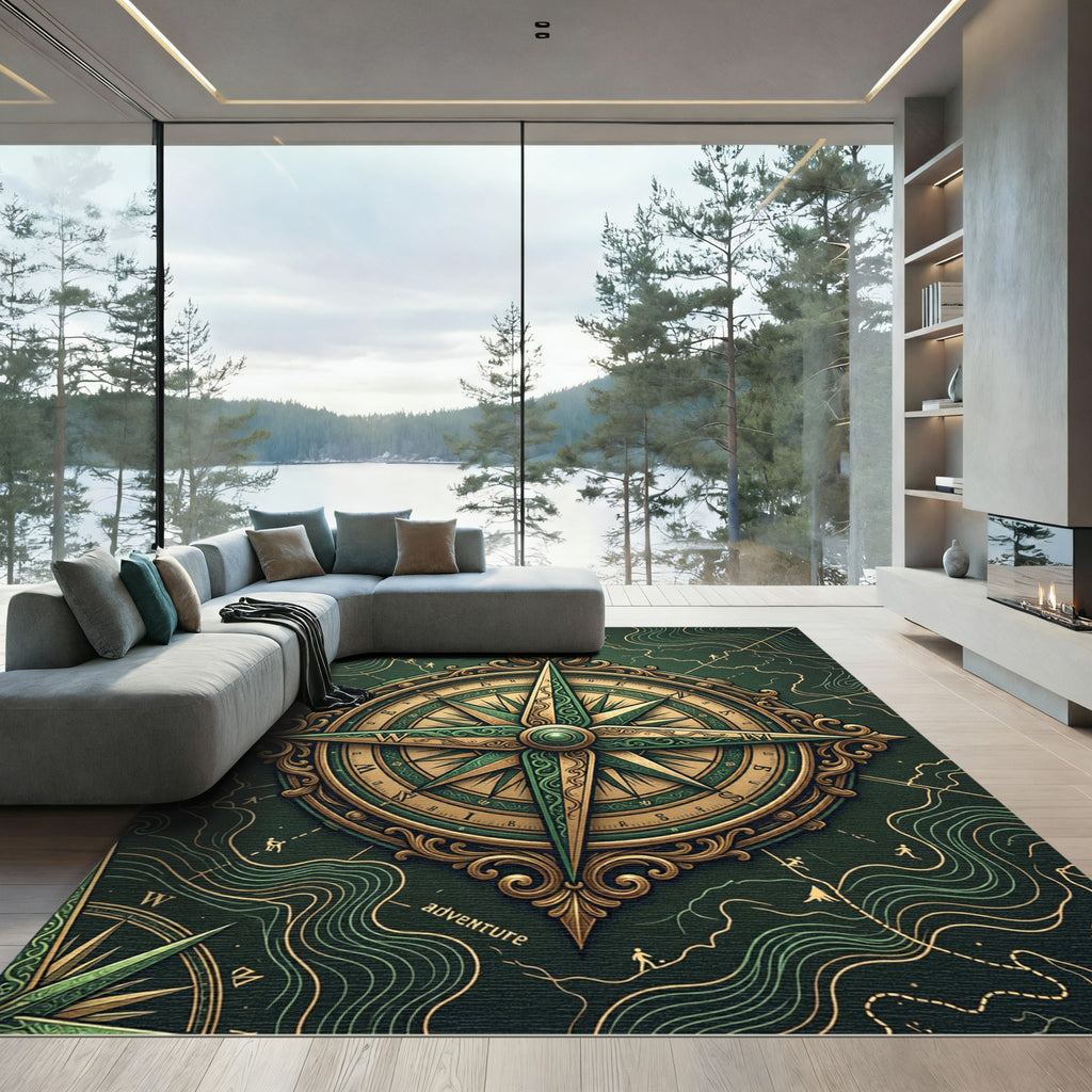Ornate Compass Gold Forest Green Art Rug