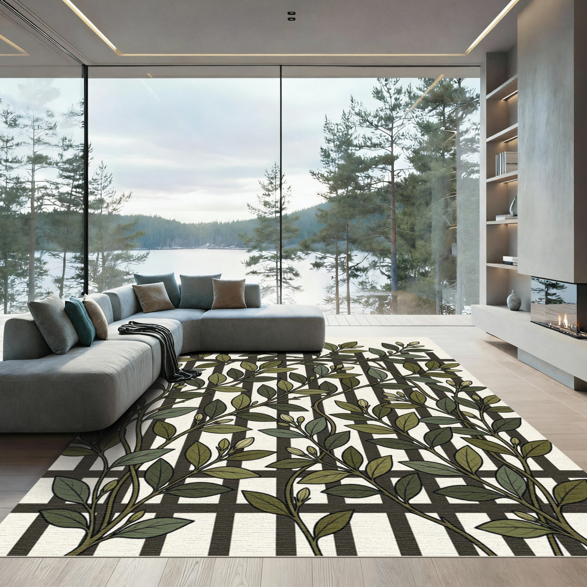 Botanical Green Leaf Trellis Grid Rug