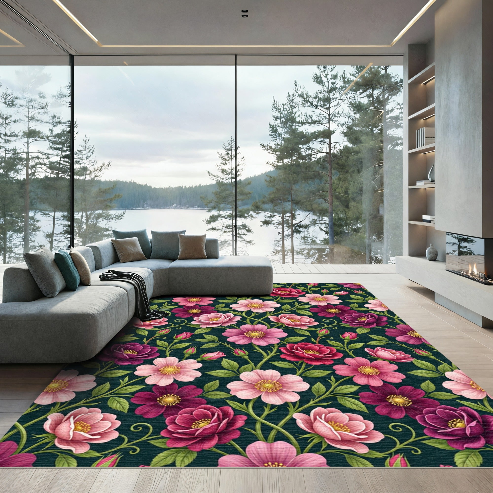 Elegant Pink Floral Botanical Garden Rug