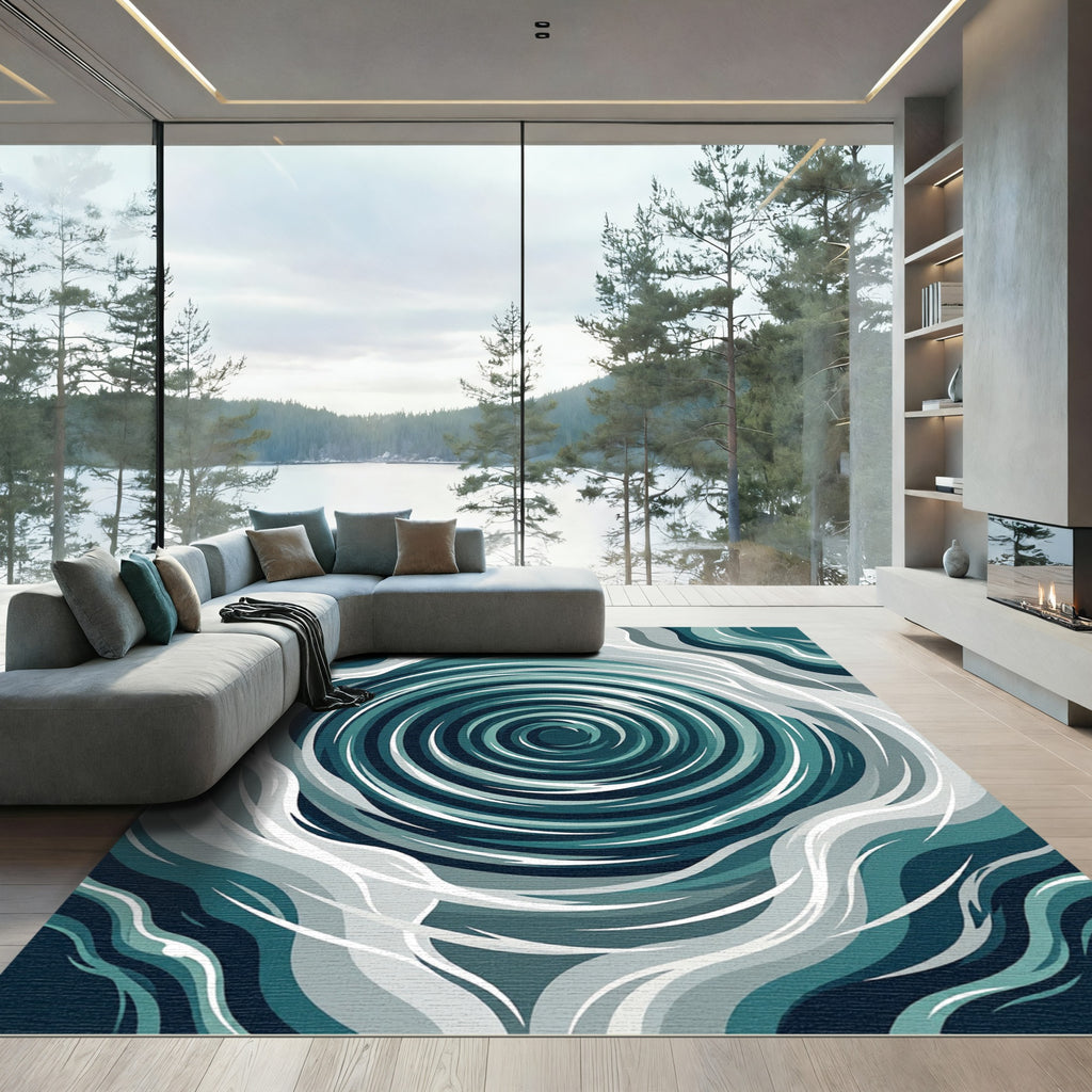 Deep Teal Swirl Abstract Flow Rug