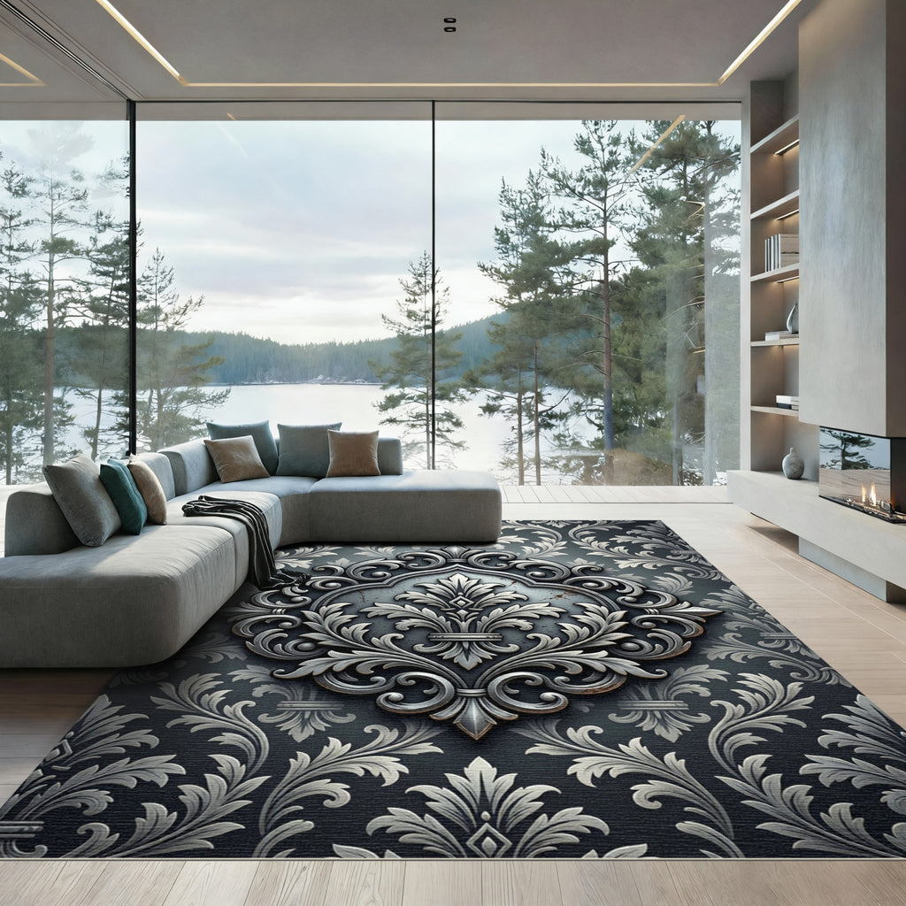 Elegant Silver Damask Filigree Medallion Rug