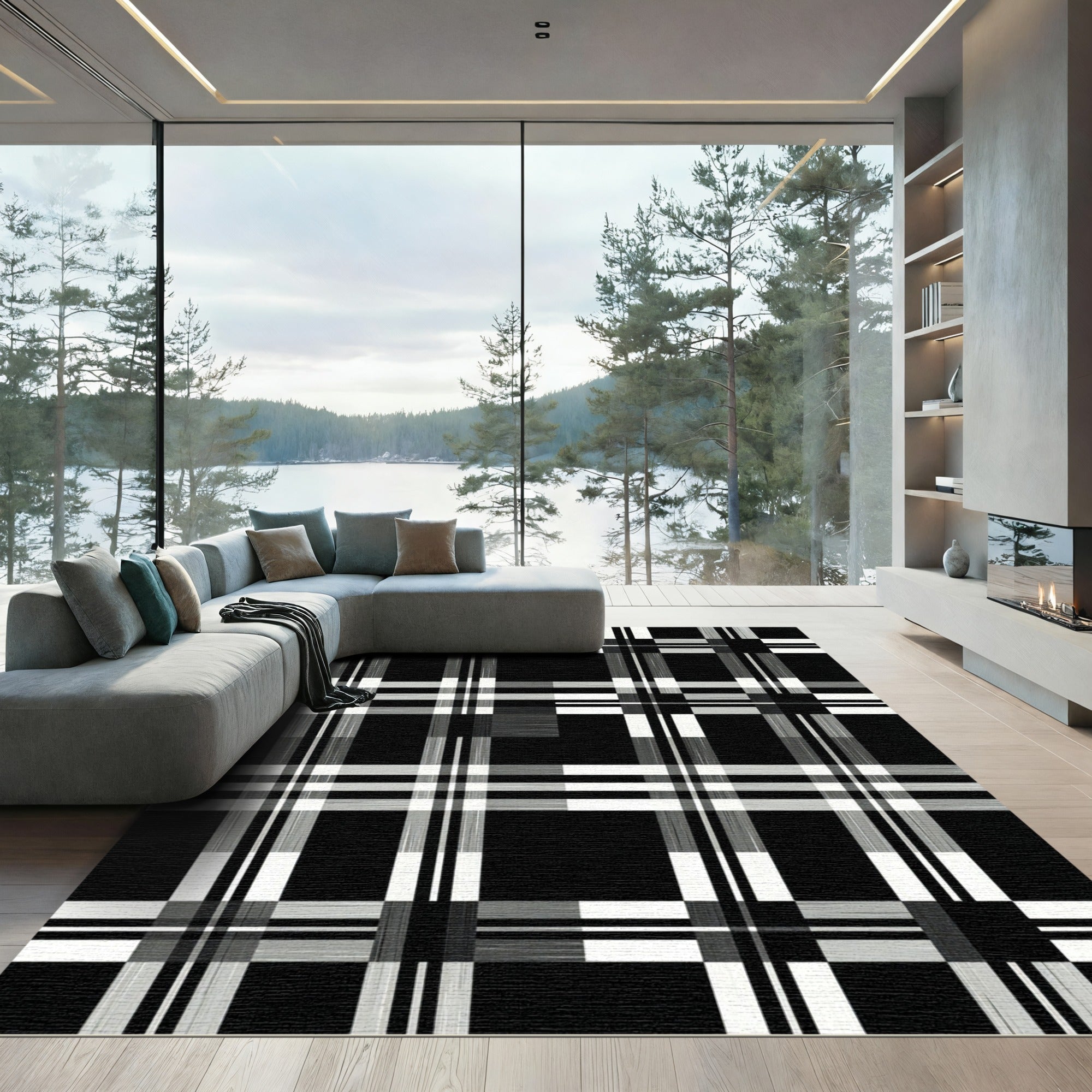 Black white intersecting plaid Rug