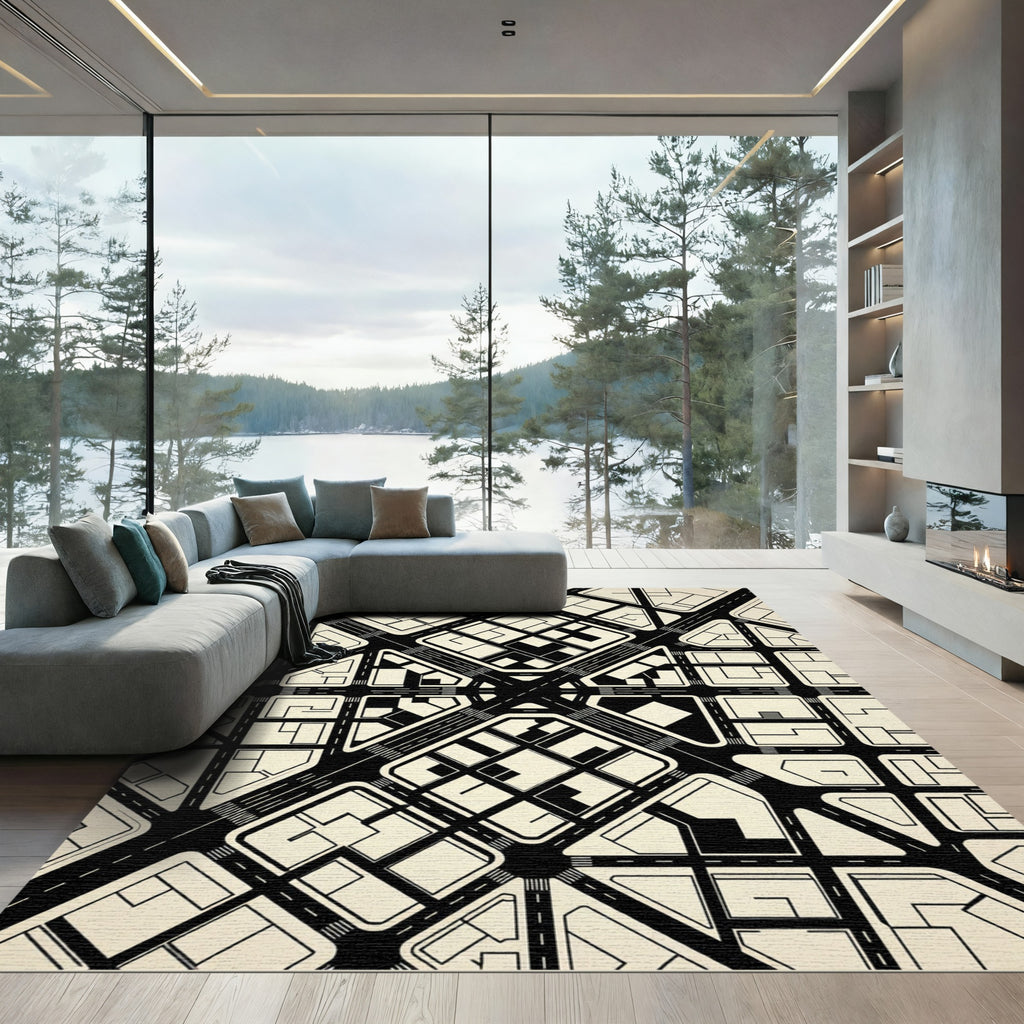 Modern Monochrome Abstract Urban Grid Rug