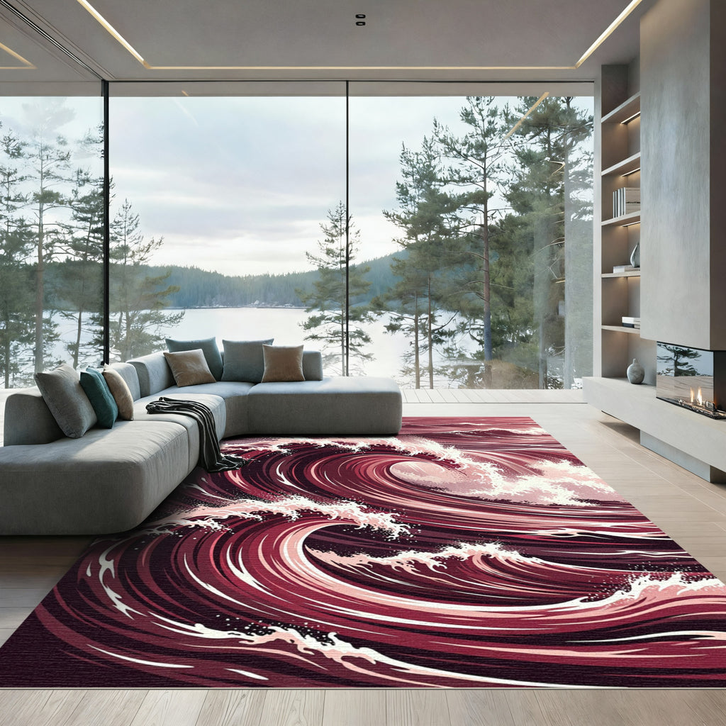 Crimson Ocean Swirl Wave Rug