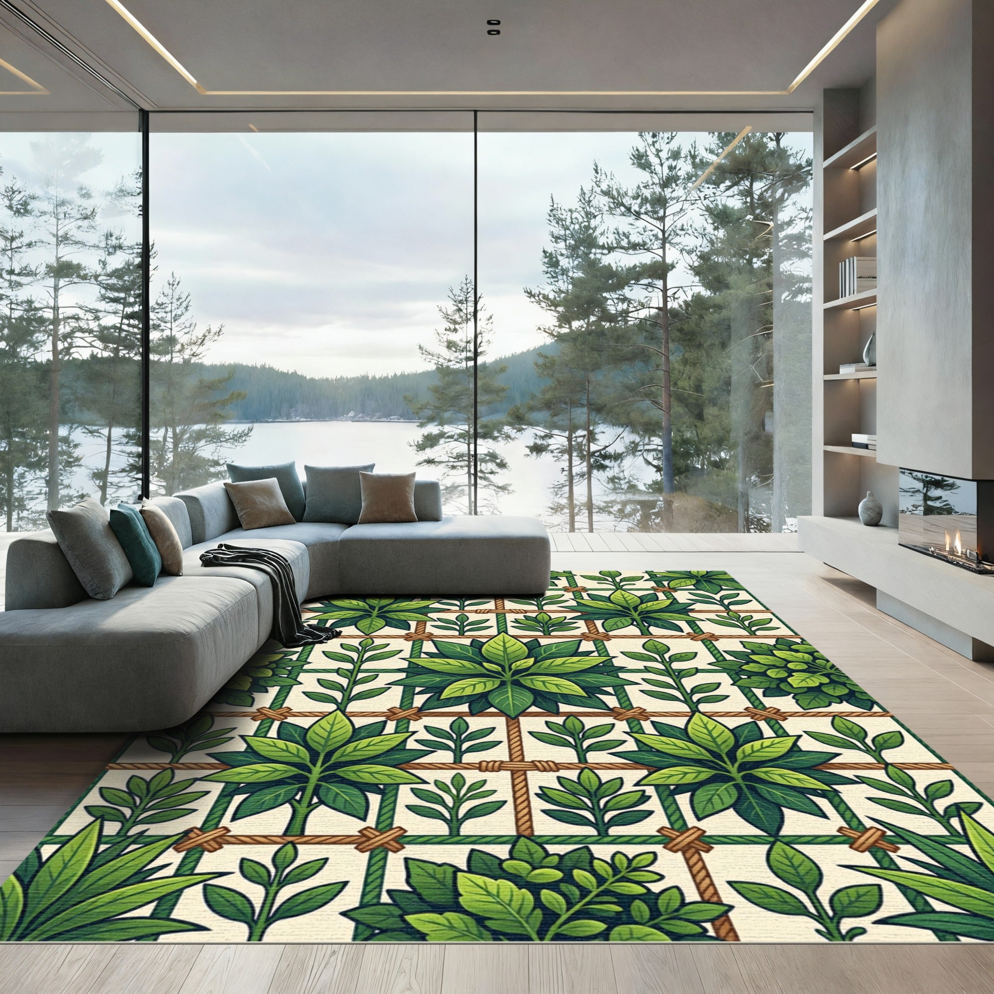 Lush Green Botanical Trellis Grid Rug