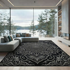 Ornate Silver Mandala Black Background Rug