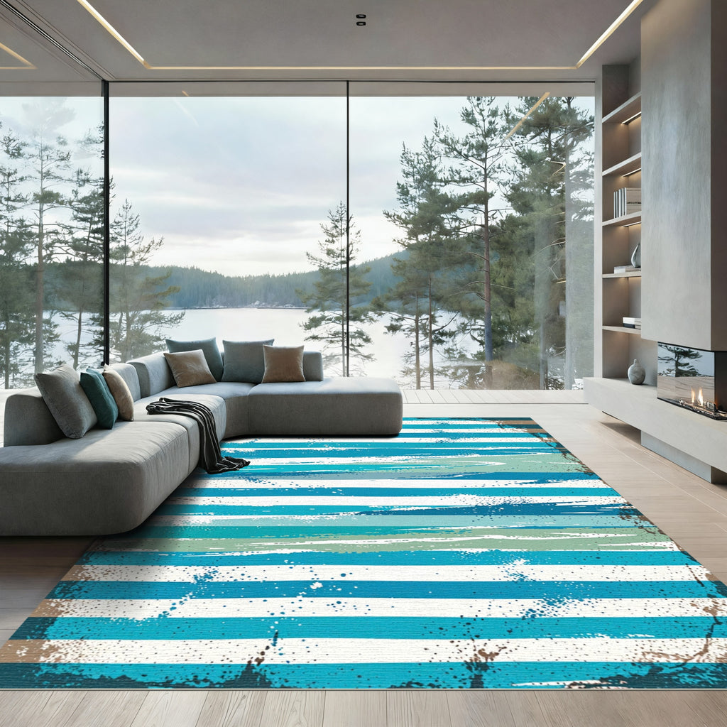 Distressed Teal and White Coastal Stripes Rug
