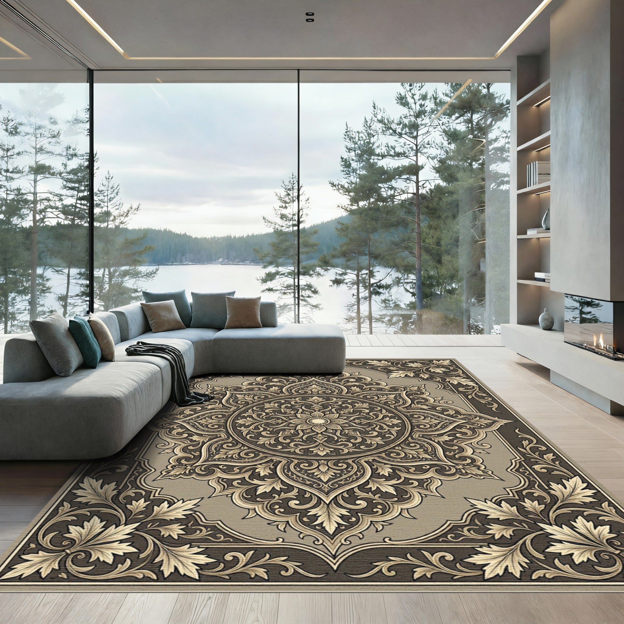Ornate Golden Leaf Medallion Rug