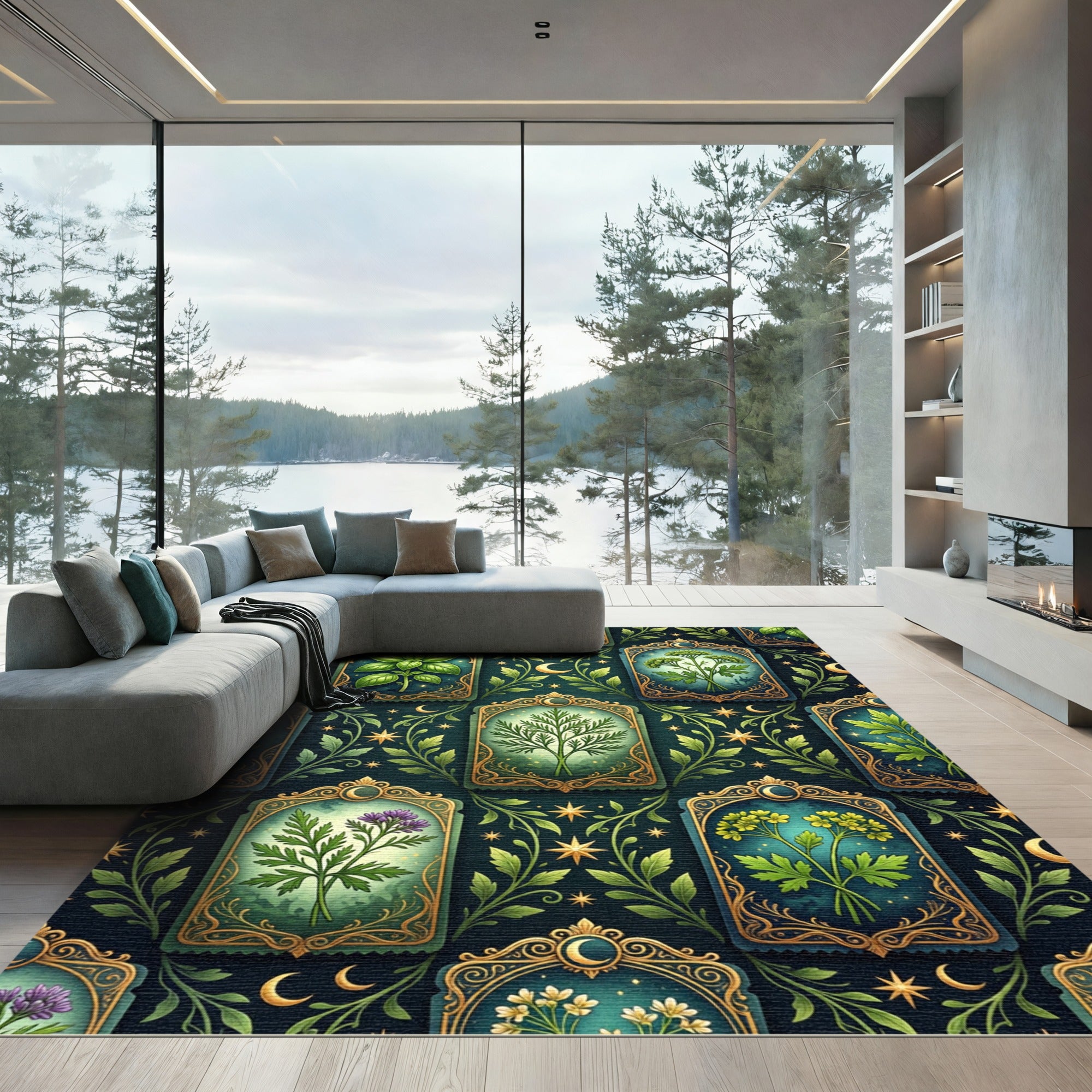 Celestial Botanical Garden Golden Frame Wall Rug