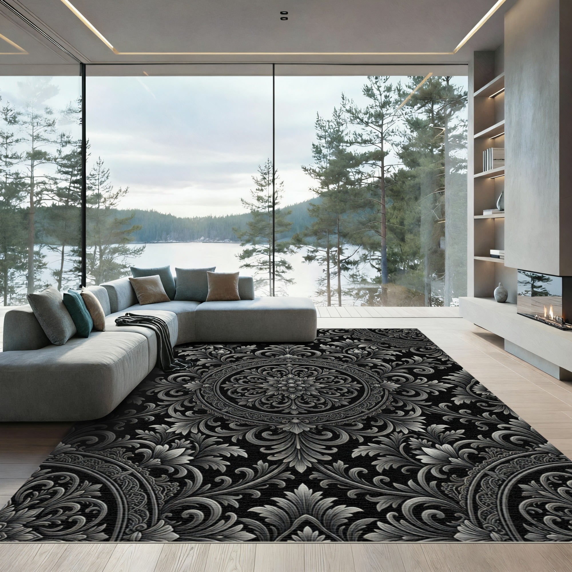 Ornate Silver Floral Damask Rug