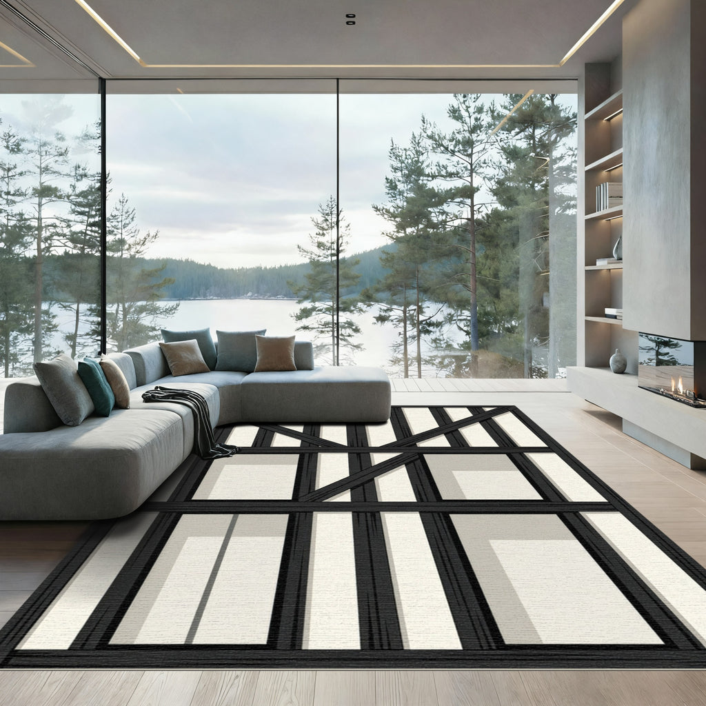 Black White Timber Frame Rug