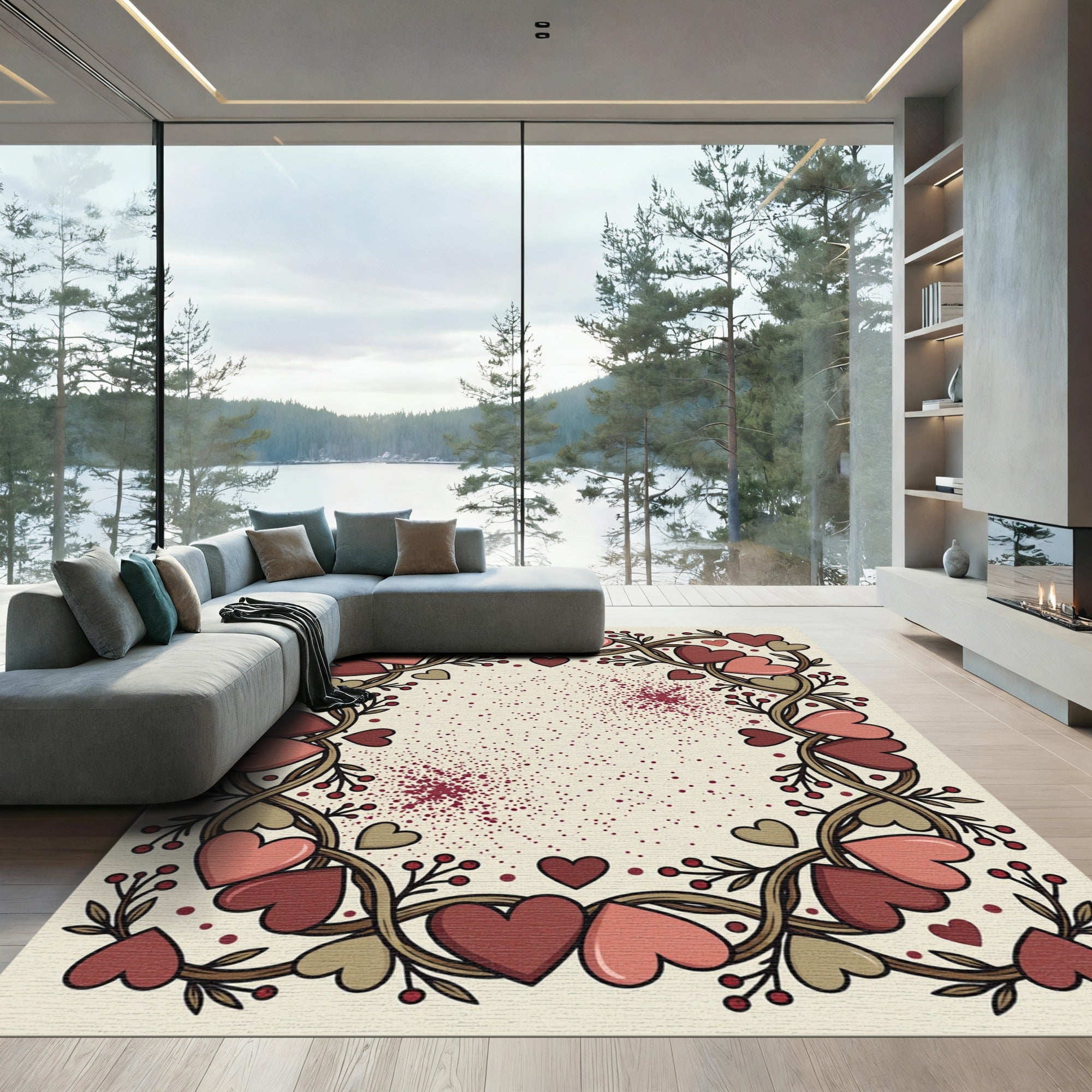 Crimson and Rose Heart Vine Swirl Rug