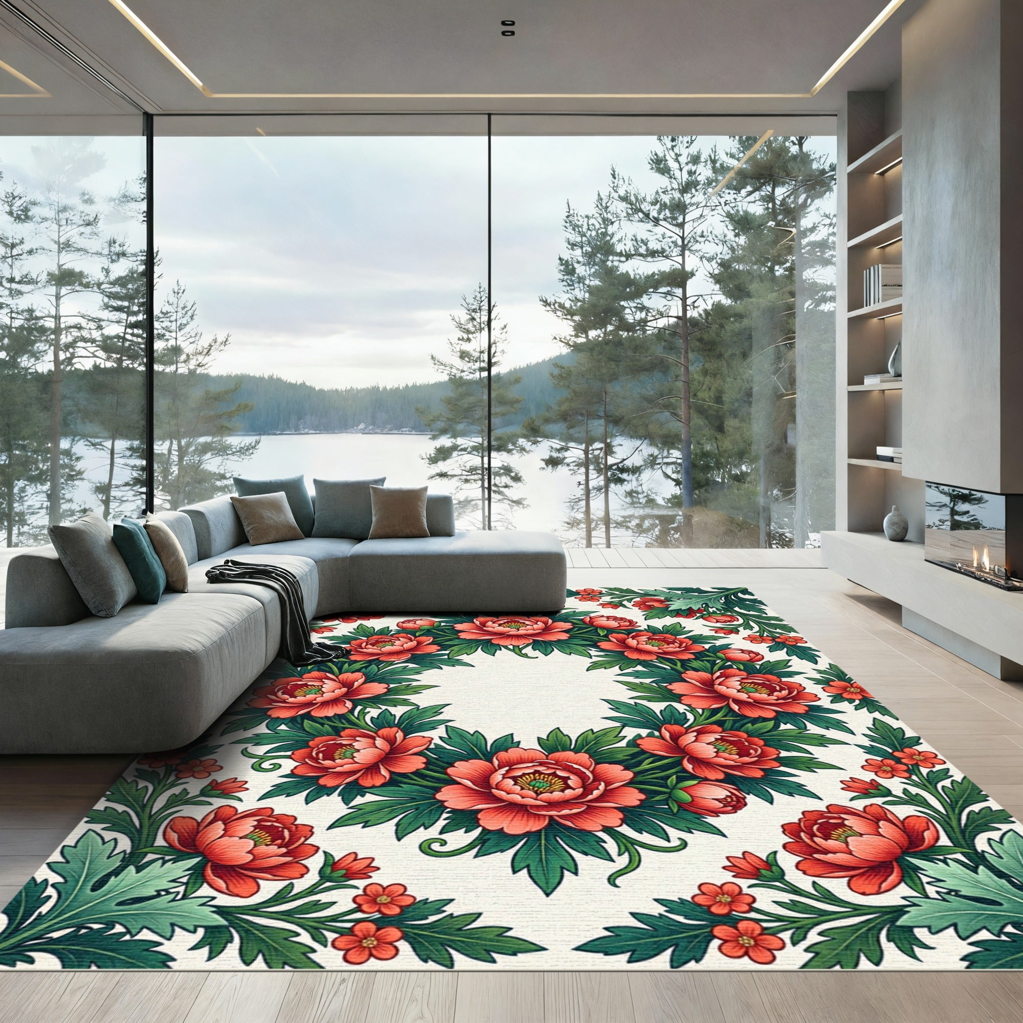 Elegant Red Peony Wreath Floral Art Rug