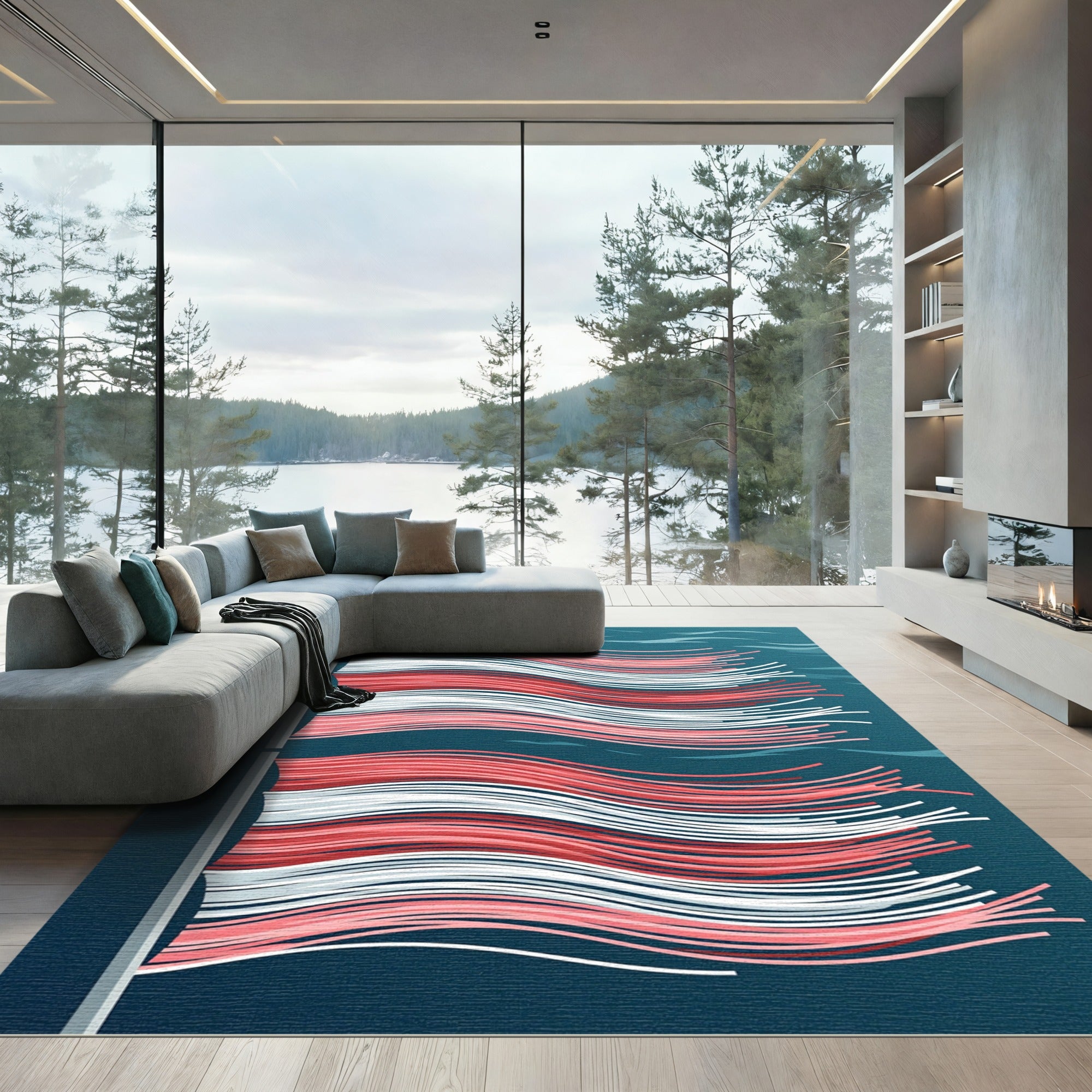 Waving Coral Red White Stripe Rug