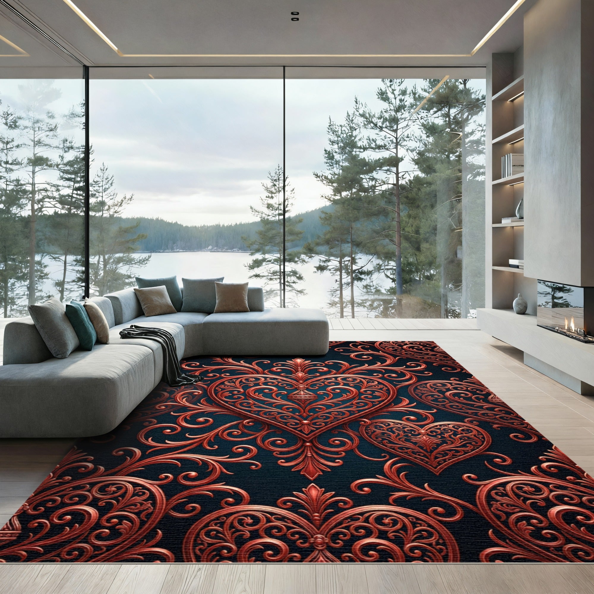 Ornate Copper Heart Swirls Rug