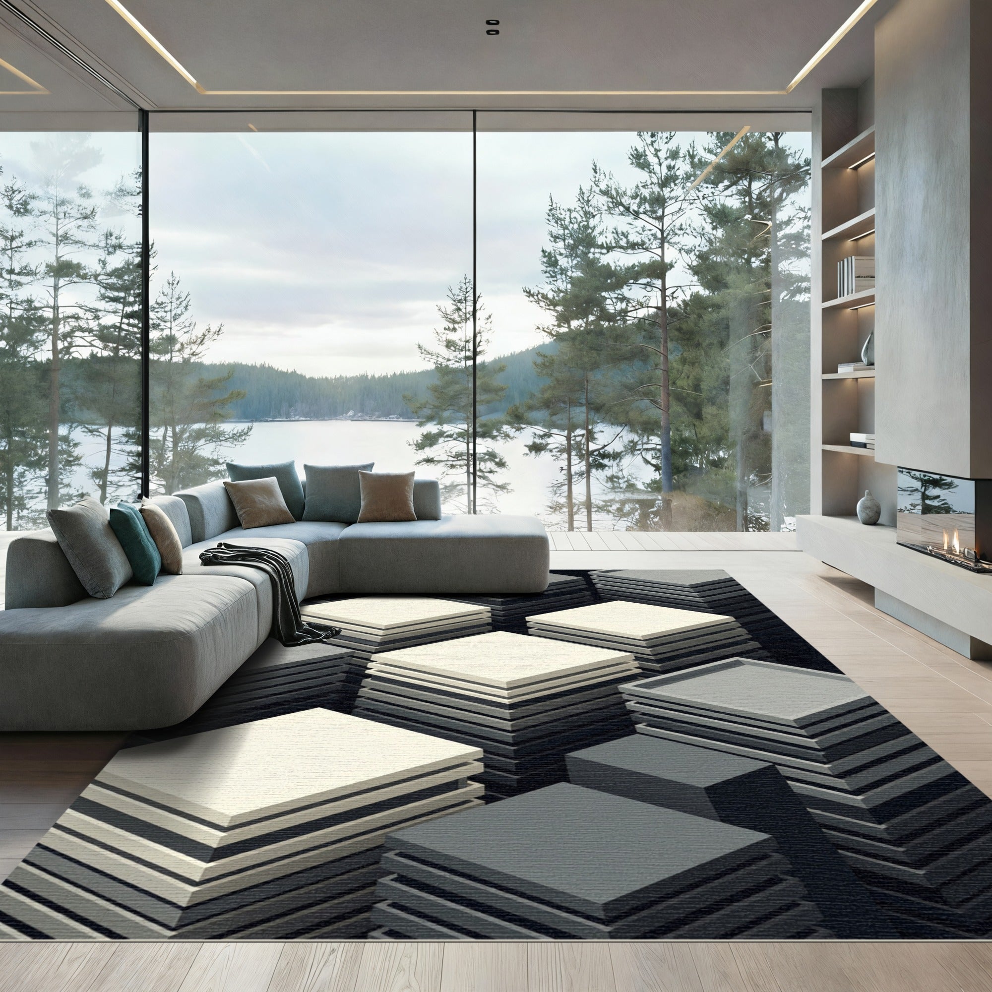 Minimalist Isometric Monochrome Layered Cube Rug
