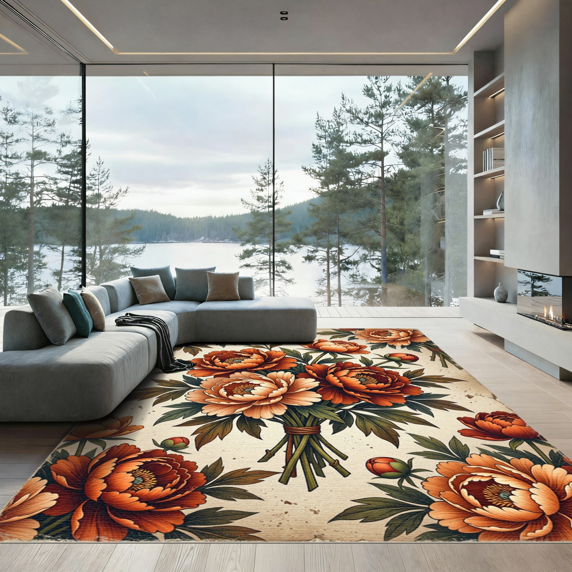 Vintage Autumn Peony Floral Bouquet Rug