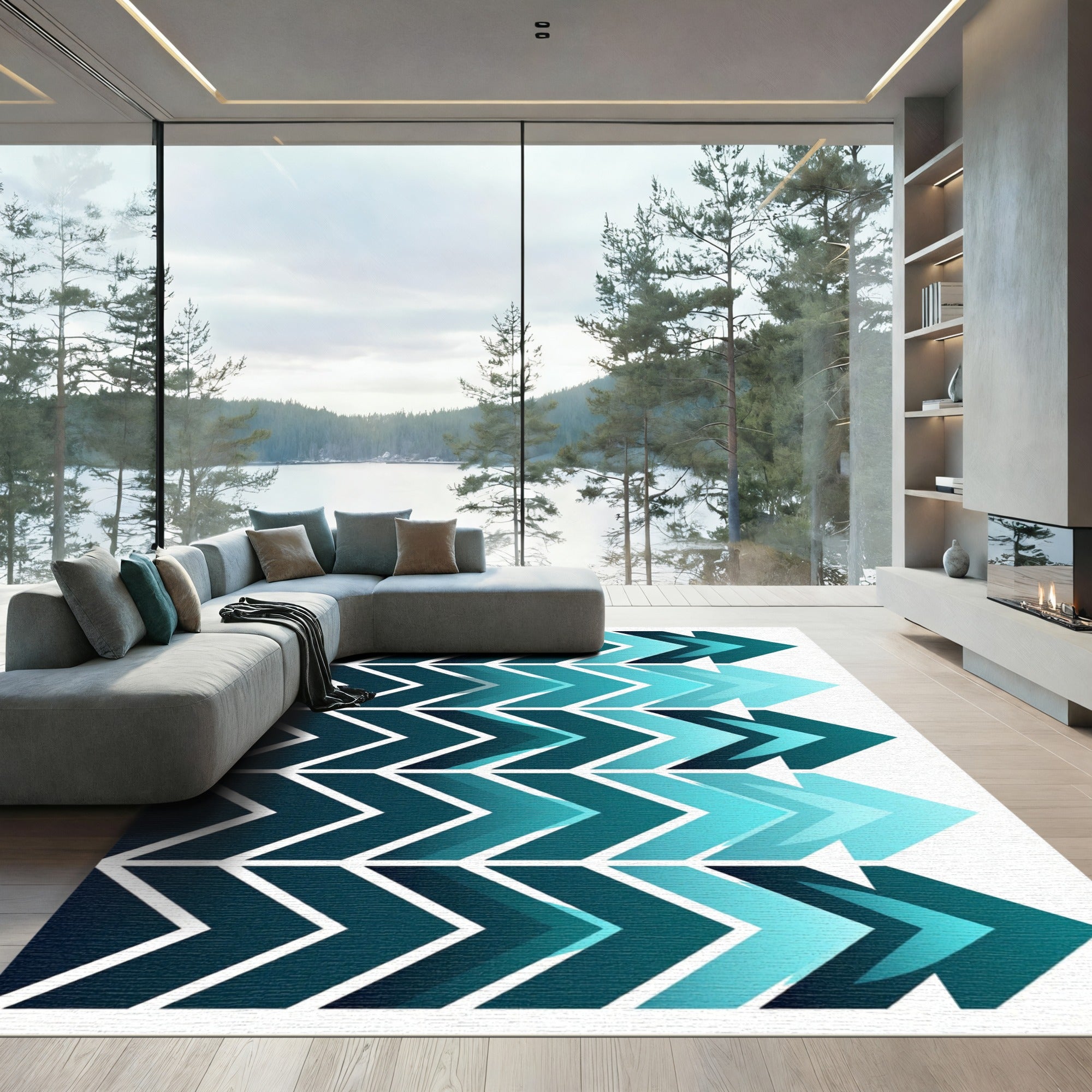 Aqua Gradient Chevron Array Rug