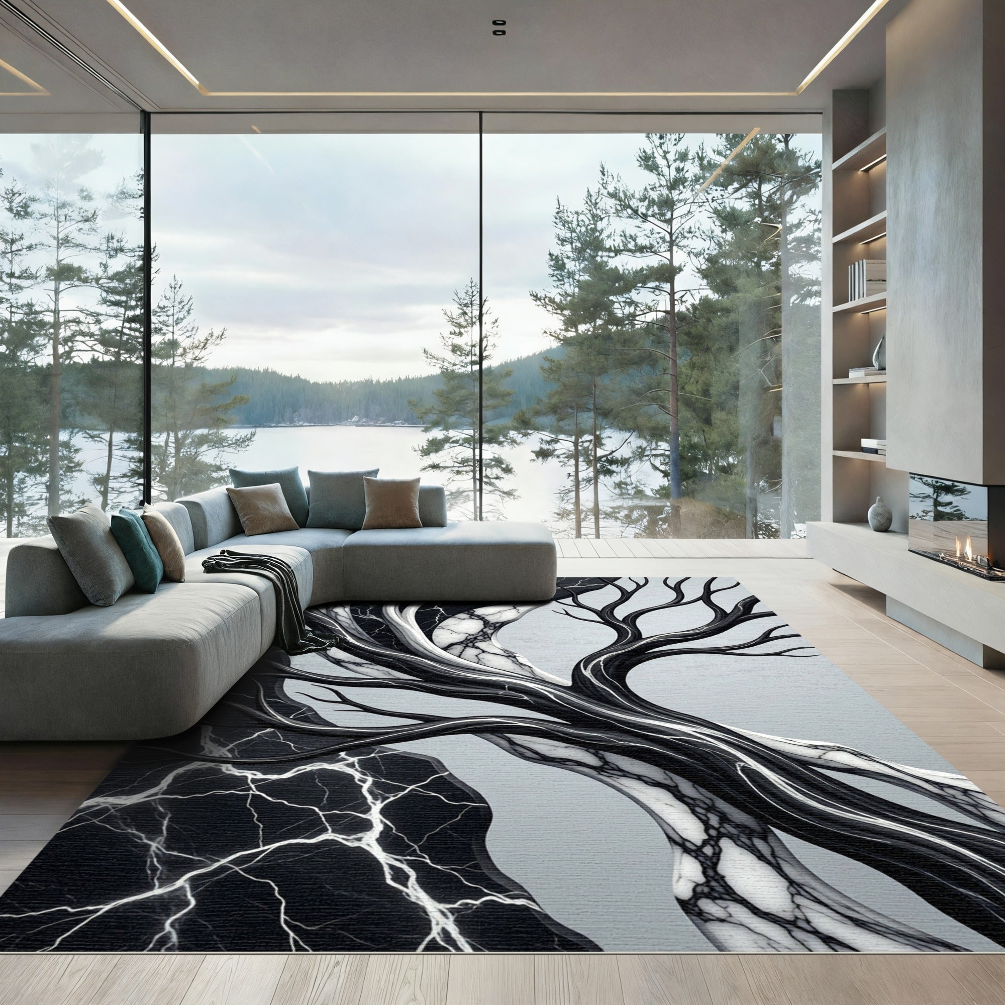 Monochrome Marble Vein Abstract Tree Art Rug