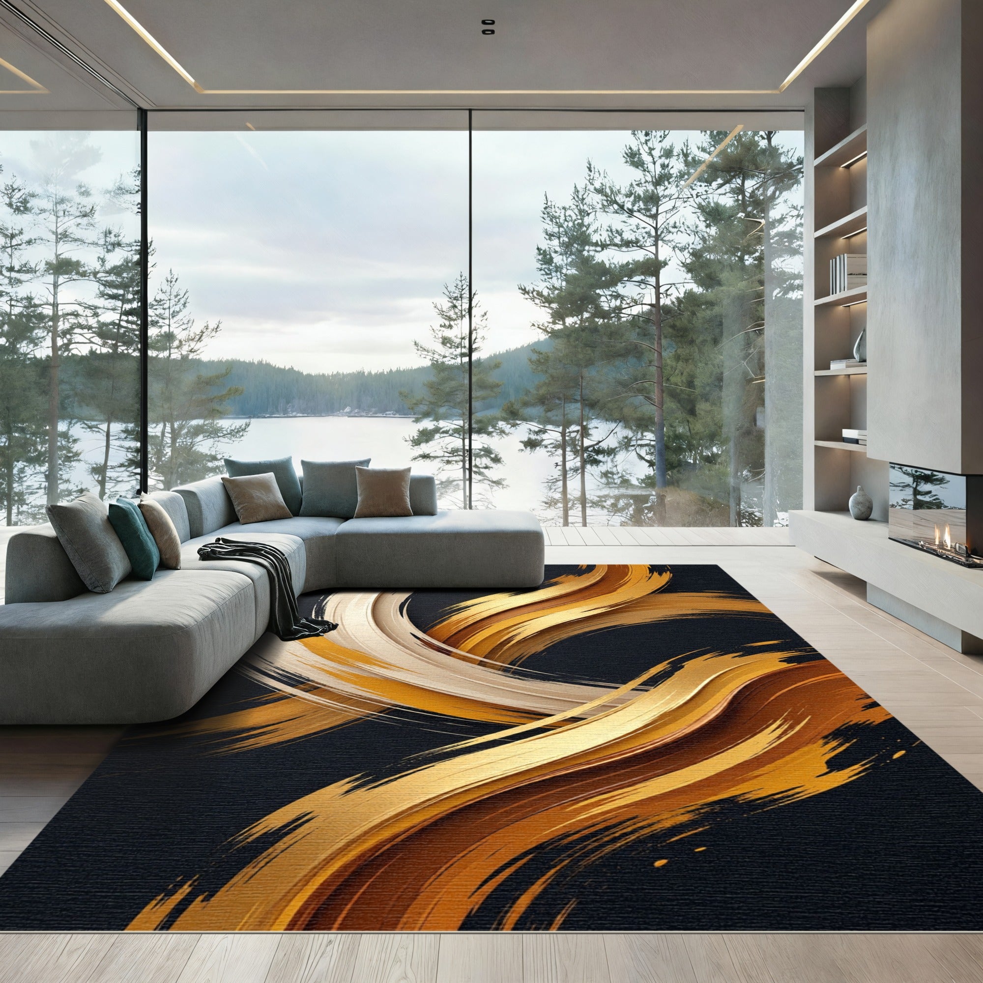 Elegance Golden Fluid Abstract Swirl Rug