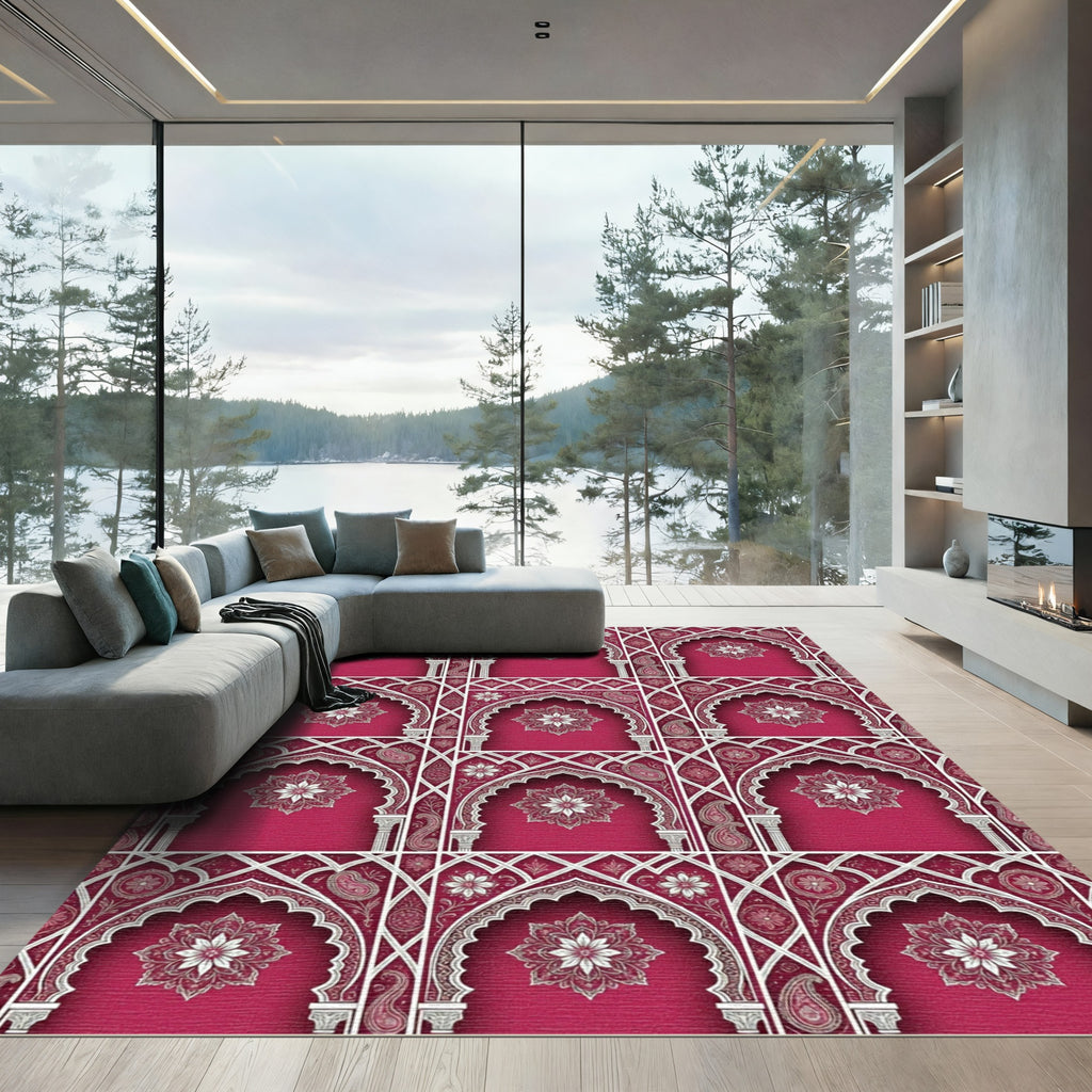 Burgundy Archway Floral Damask Lattice Rug